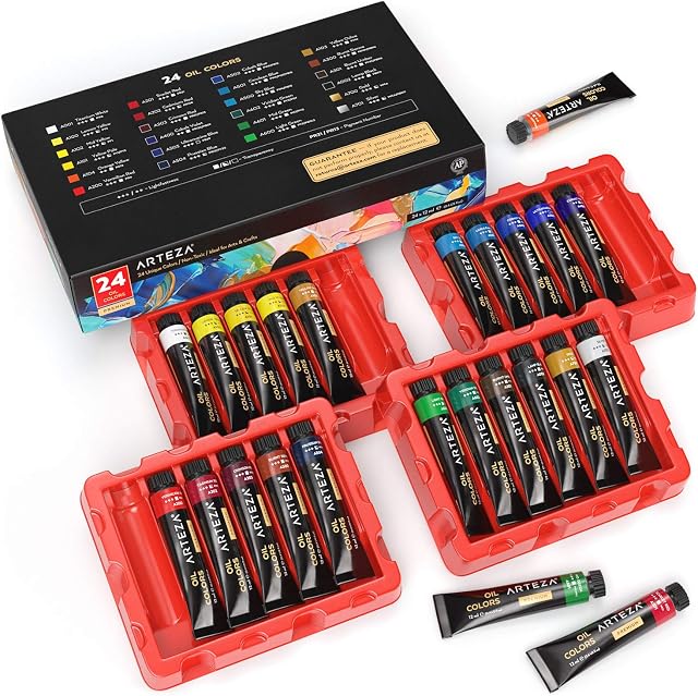 ARTEZA Oil Paint Set, 24 Colours, 12 ml Tubes, Richly Pigmented Painting Art Supplies for Professionals, Students, and Kids