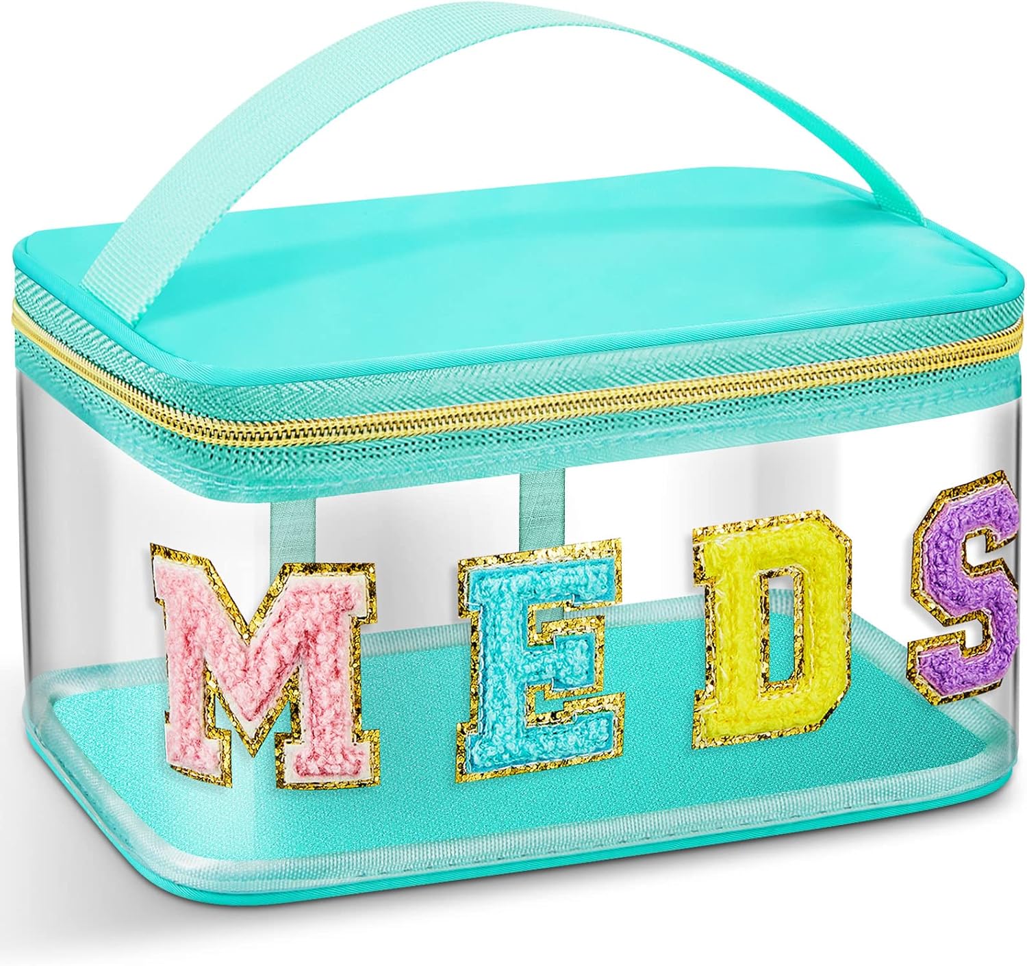 Geetery Chenille Letter Bag, Meds Cheer Travel Cases Cheerleader Gifts Cosmetic Bag Nylon Makeup Portable Preppy Patch with Zipper Toiletry Storage Case for Women(Green,Meds)