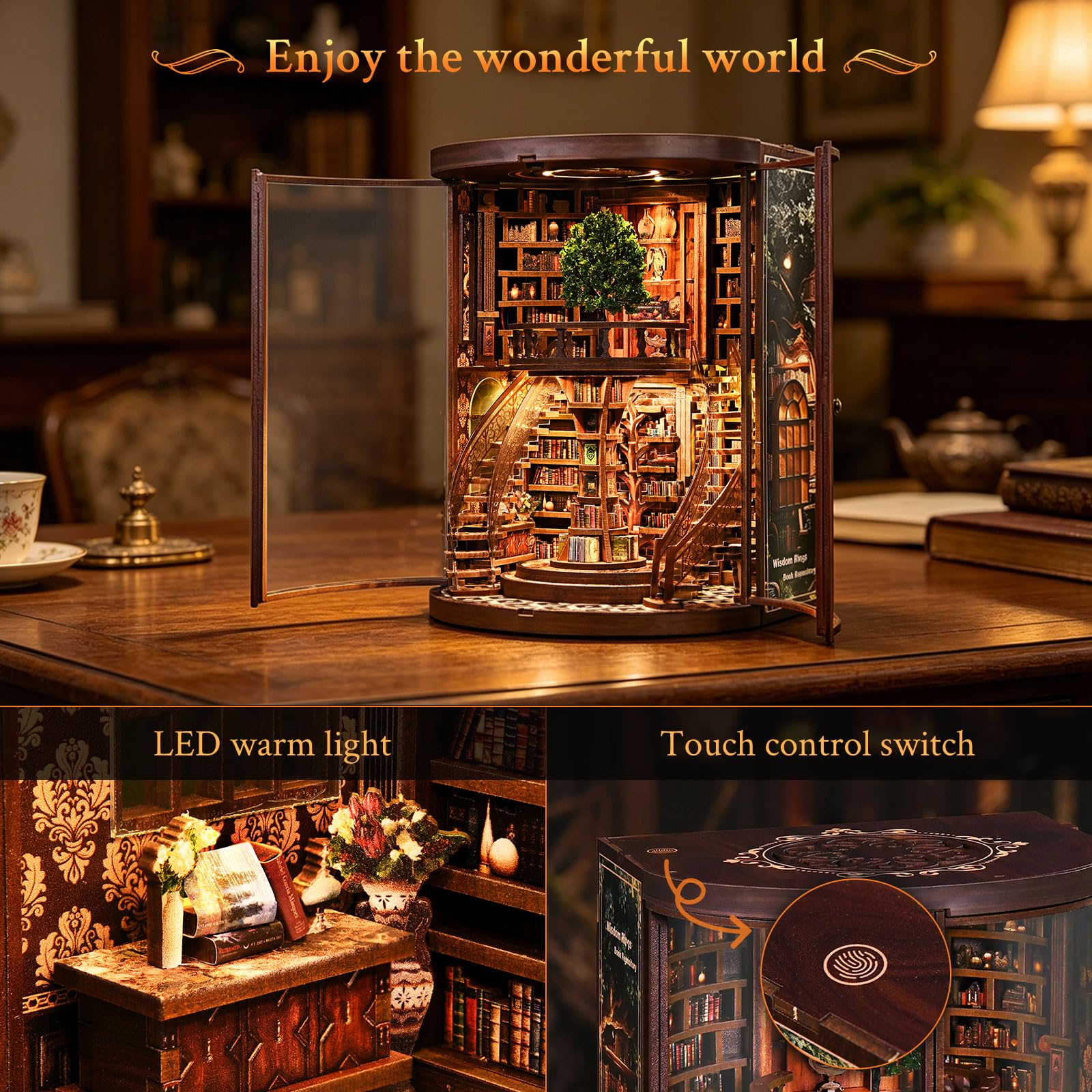 Shrike Book Nook Fantasy- Booknook Wisdom Rings, DIY Buchstütze | 3d-puzzles Miniatur Bibliothek LED & Acryl Front, 356 Teile Holz-Bastelset für Erwachsene ab 14 , Festtagsgeschenke