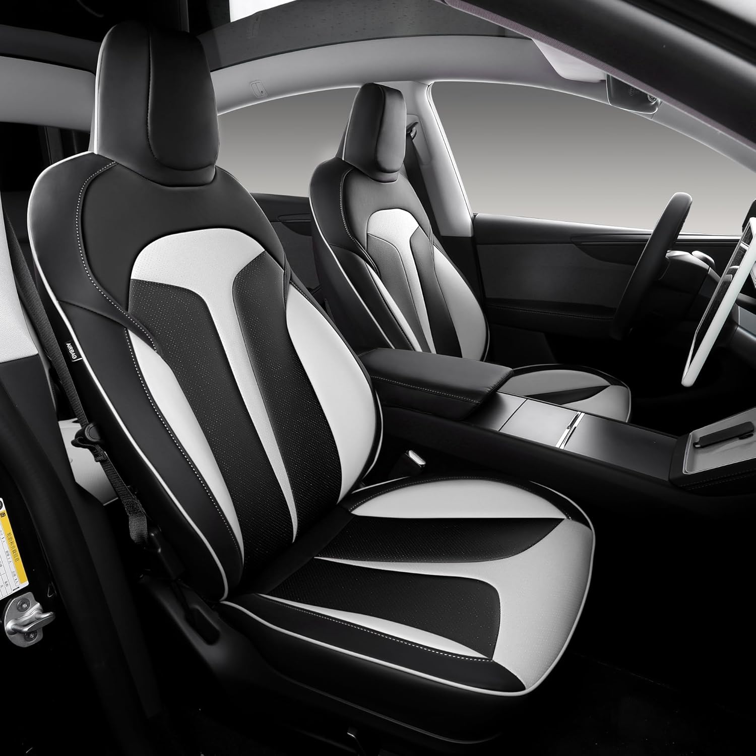 Custom Fit Seat Covers for 2025 2026 Tesla Model Y Juniper (5-Seater), Waterproof Breathable Nappa Leather, OEM Factory Style Full Set Car Seat Protectors Airbag Compatible - Black+White