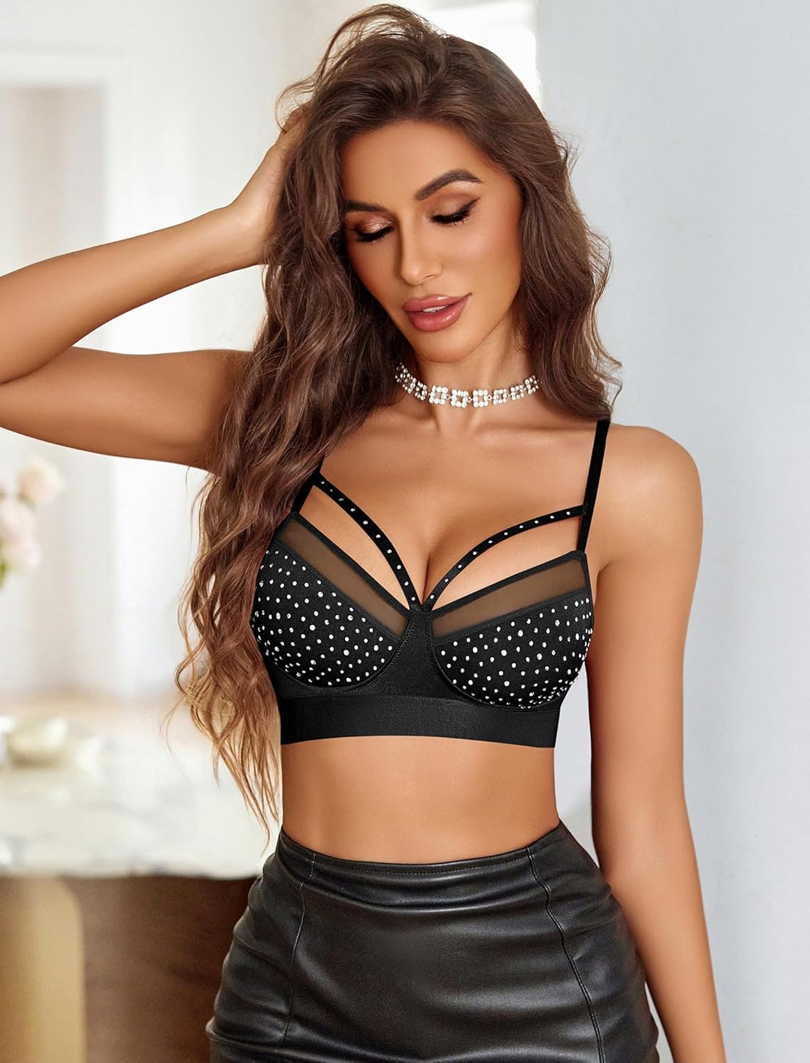 Avidlove Sexy Bras for Women Rhinestone Wireless Bralettes Lace V Neck Wirefree Bra Strappy Rave Outfit NO Padded - Image 4