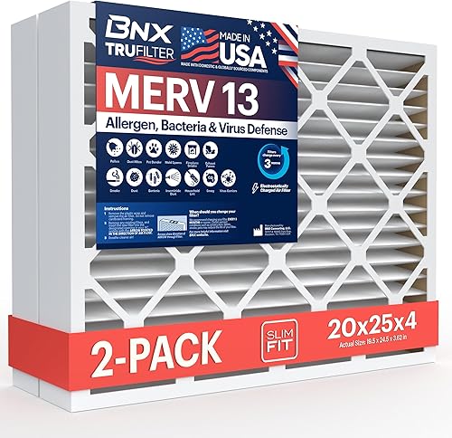 BNX Paquete de 2 filtros de aire MERV 13 para horno de CA de 20 x 25 x 4 pulgadas, fabricados en Estados Unidos, filtros de aire acondicionado
