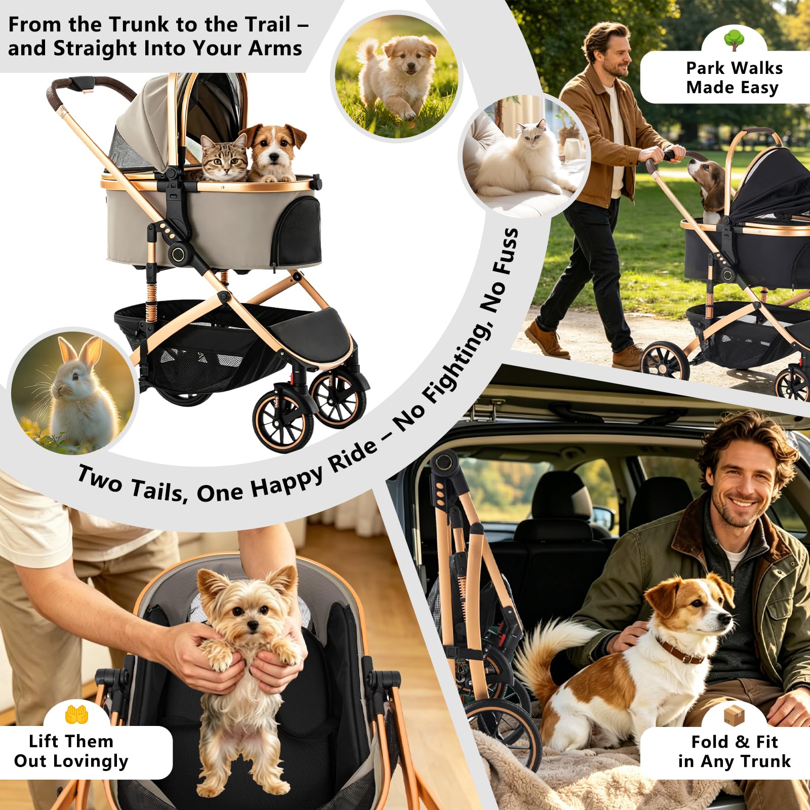 Zkiprm pieghevole passeggino per cani, passeggino per media gatti & cani, con trasportino rimovibile, Dotato di: cestino | portabicchieri | ruote 360° | cintura sicurezza | carico max 22 kg