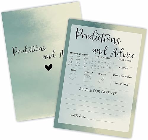 Tarjetas de juego de predicción y consejos para baby shower, color verde ágata, revelación de género, anuncio de bebé, kit de juego de relleno