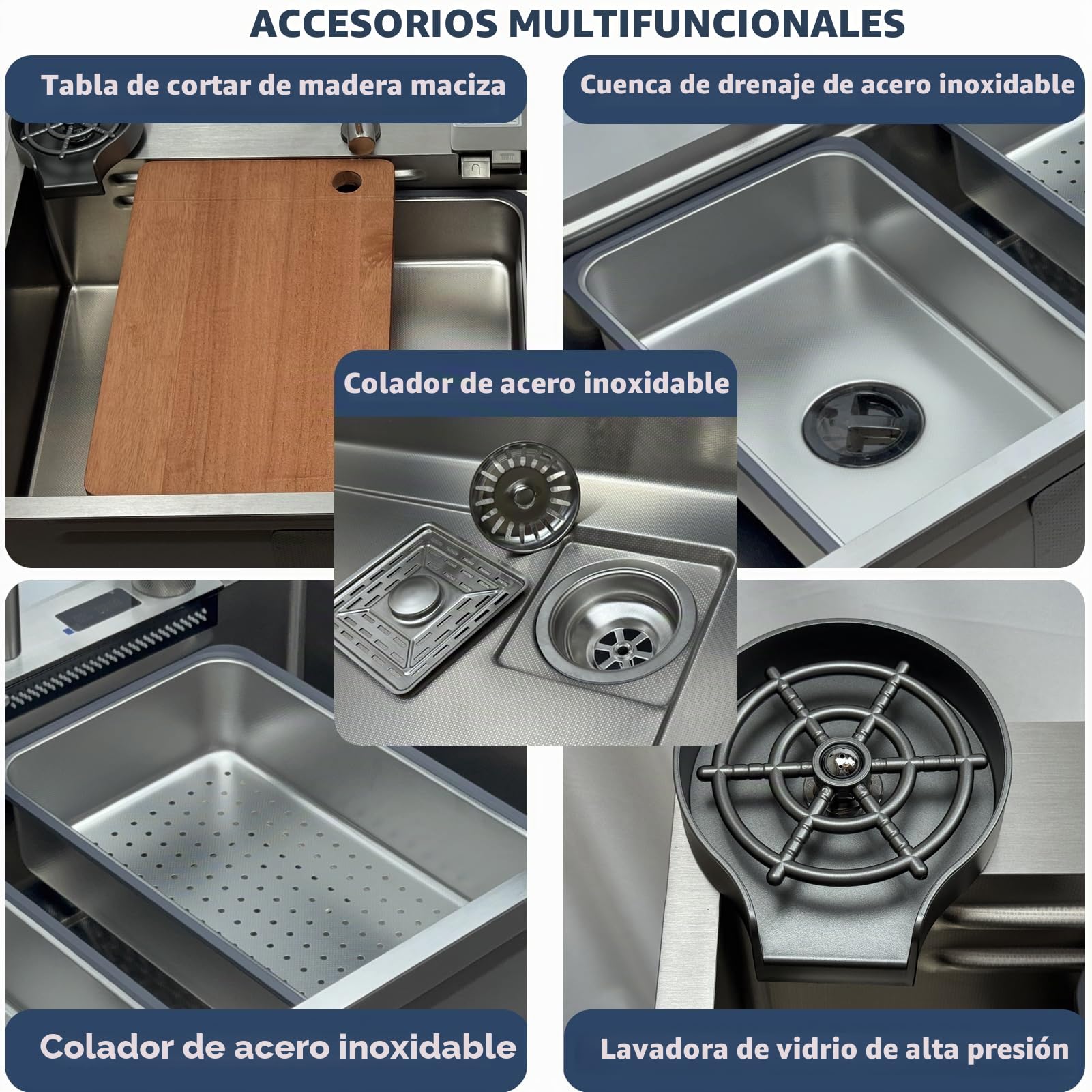 Fregadero de cocina con cascada, 85 x 50 cm, acero inoxidable cepillado 304, fregadero de cocina con pantalla digital, lavabo grande con cesta de drenaje, tabla de cortar, sifón, componente de desagüe