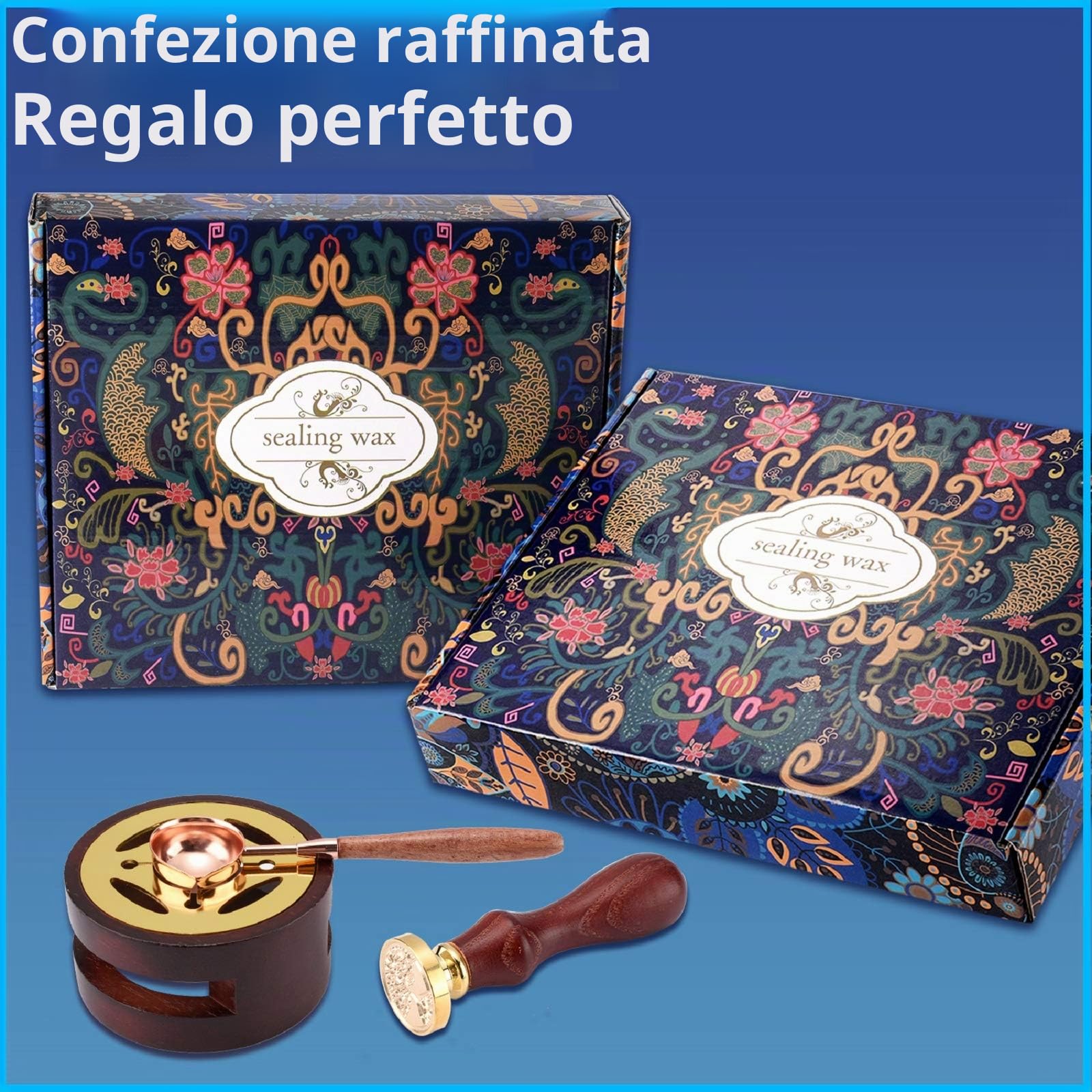 CHUHUAYUAN Kit di timbri per ceralacca con confezione regalo, 24 colori e 624 perline per ceralacca con timbro per ceralacca, scaldacalacca, penna metallica e busta, kit di sigillo di cera