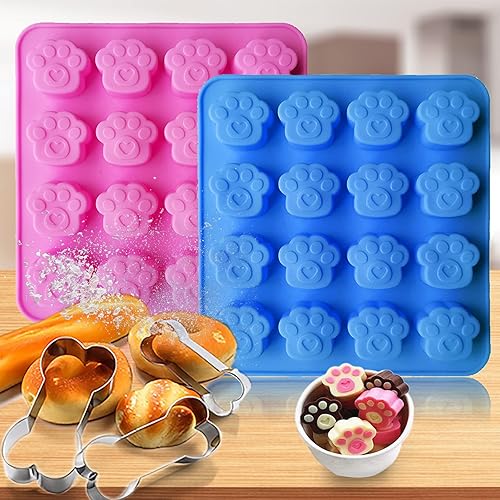 Set of 52 Pcs Silicone Molds Puppy Dog Paw, 16-Cavity, 3 Pieces Stainless Steel Bone Cookie Cutter,for Chocolate, Candy, Jelly, Ice Cube, Dog Treats.