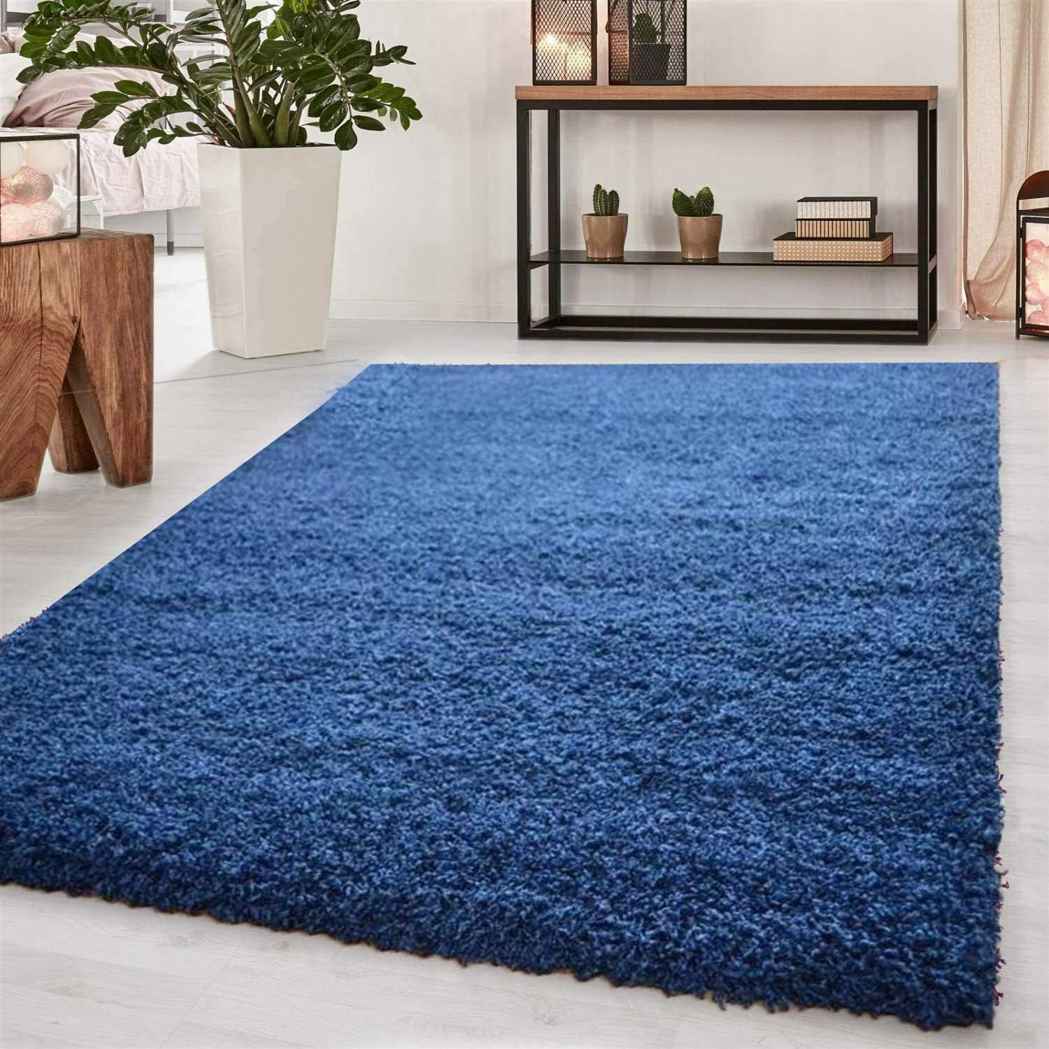 Large Plush Navy Blue 3cm Pile Shaggy Shag Striped Rug Denim Speckled