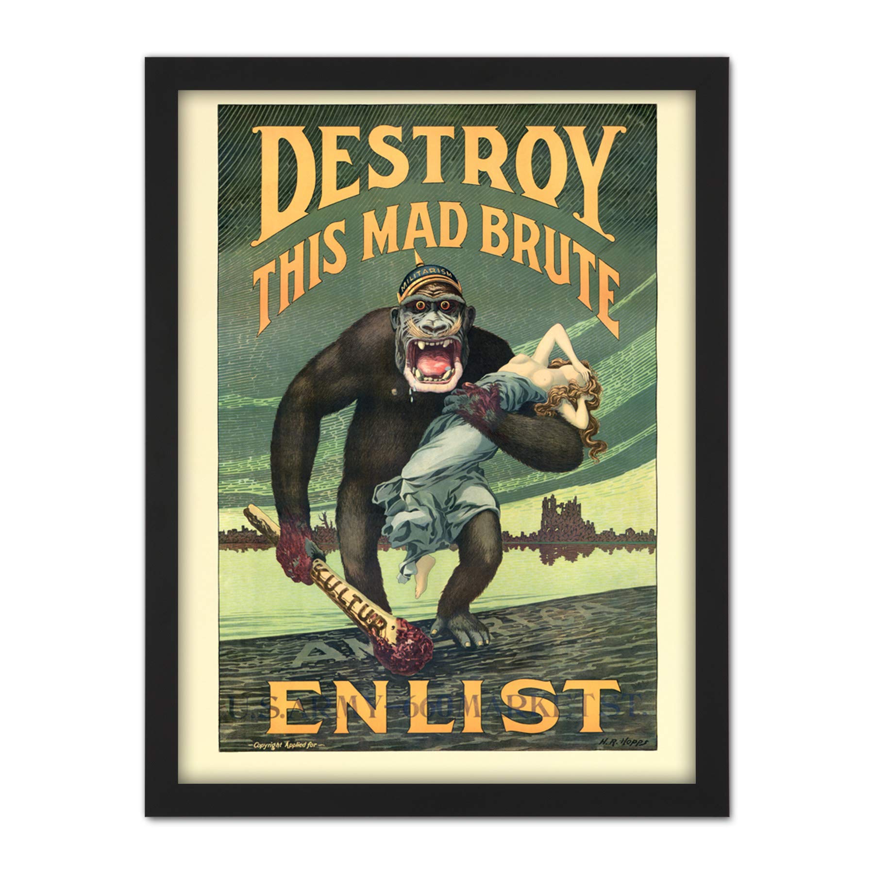 Hopps Destroy Brute US Army Recruitment WWI War Advert Artwork Framed Wall Art Print 18X24 Inch