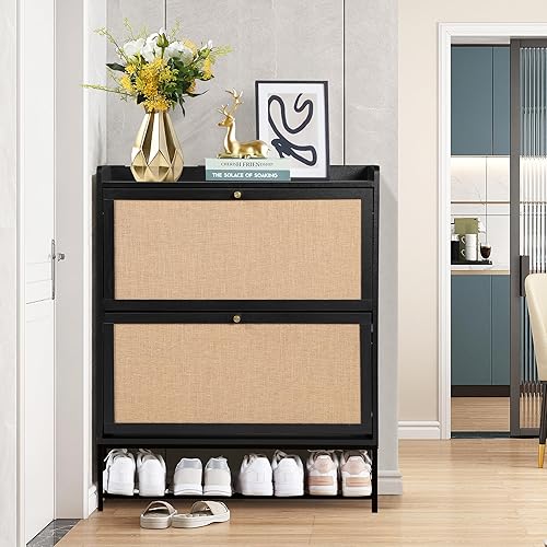 Vista 42 de LEVNARY Juego de 2 zapateros estrechos de madera con 2 cajones abatibles, organizador de zapatos independiente oculto para pasillo, entrada, hogar