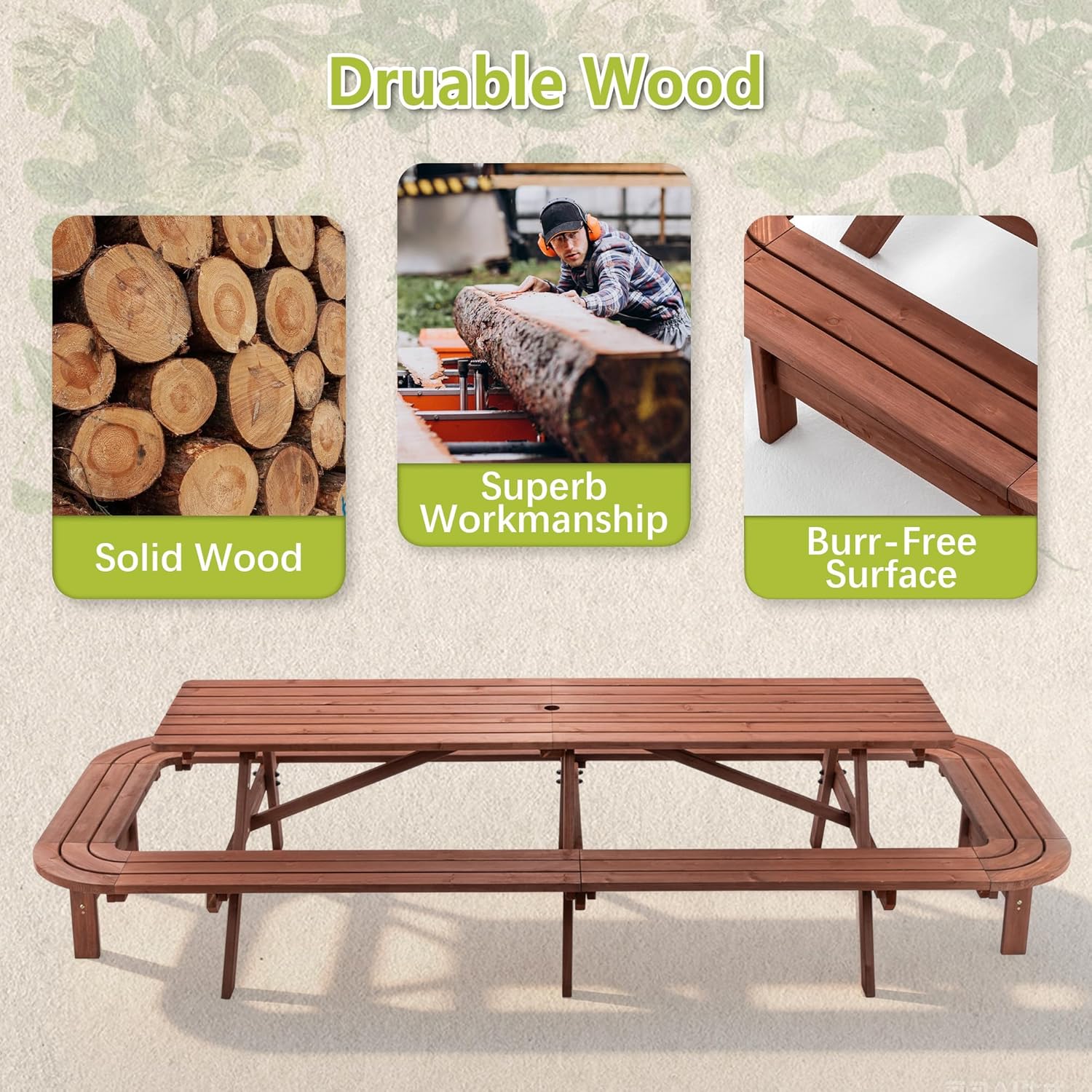 121 Inch Outdoor Wooden Rectangle Picnic Table with Oval Connected Benches for 14-16 Persons, for Patio, Garden, Backyard, Large Outside Dining Set with Umbrella Hole,Brown