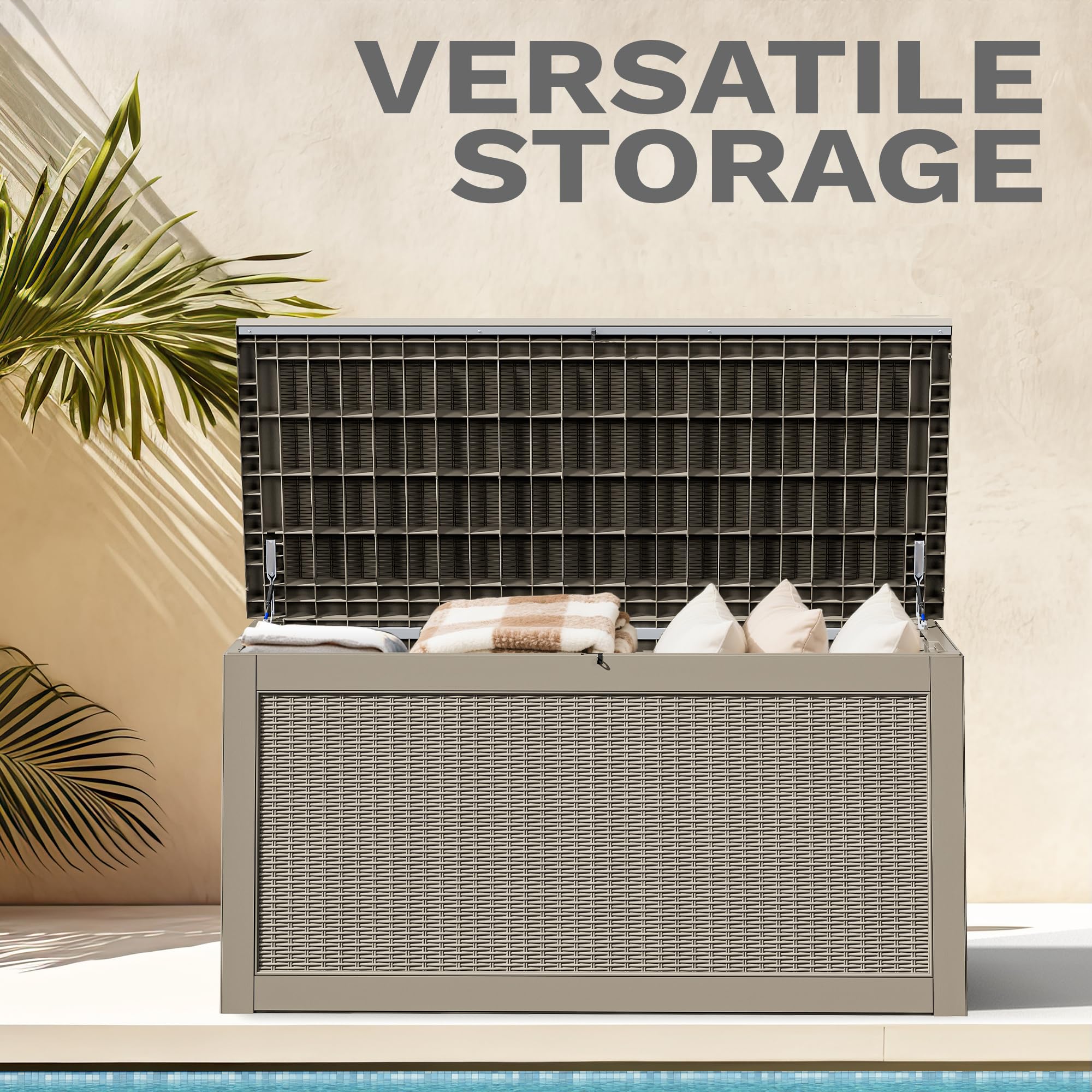 DWVO 260 Gallon Resin Outdoor Storage Box, XXL Large Waterproof Deck Box, Doubles as Table or Seating with 1000 lbs Capacity, Lockable (Brown)