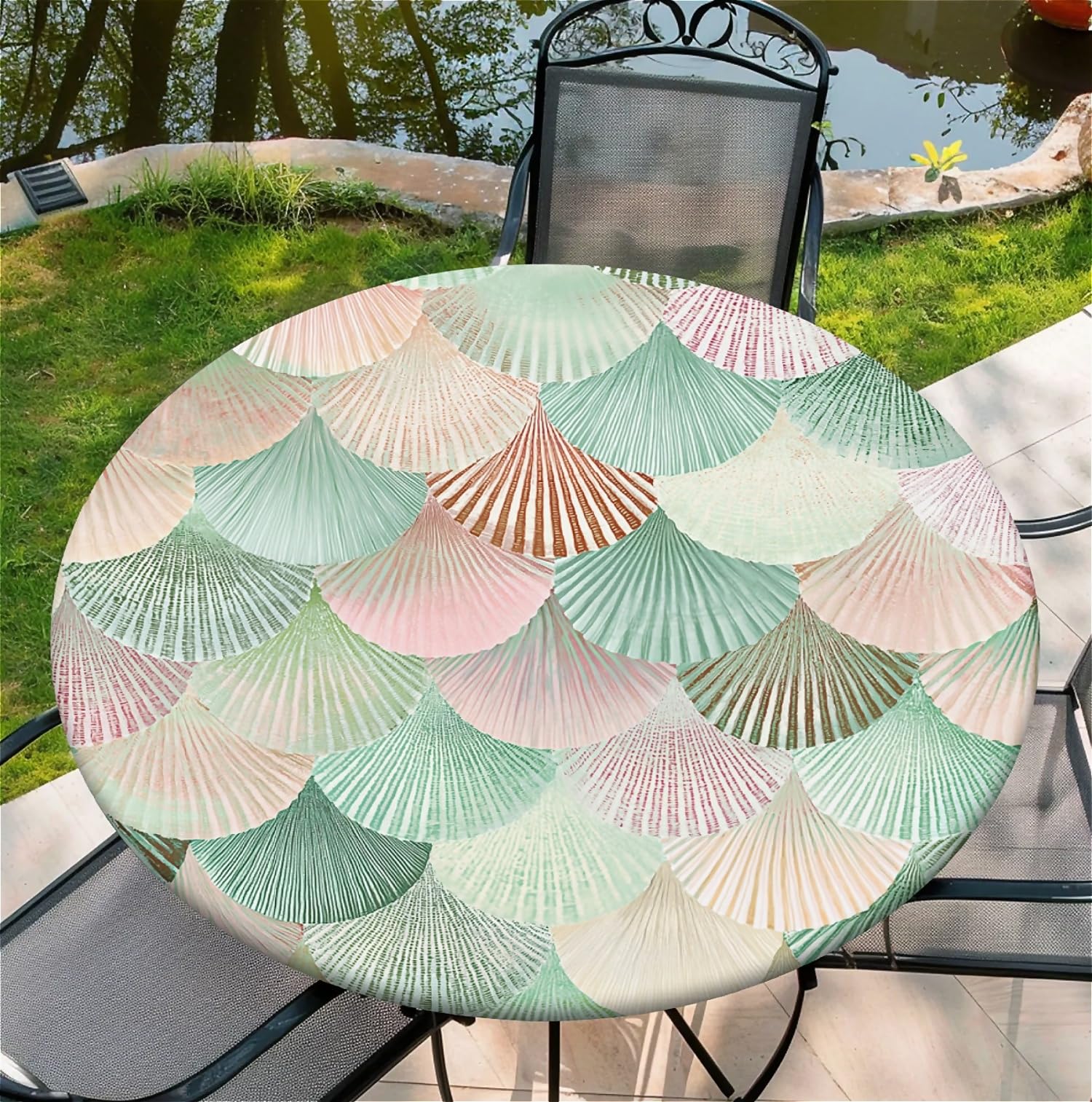 artslion Round Table Cloth with Elastic Edge 36 In– Waterproof Wipe Clean Fitted Table Cover for Indoor & Outdoor Use – Colorful Seashells Patterns