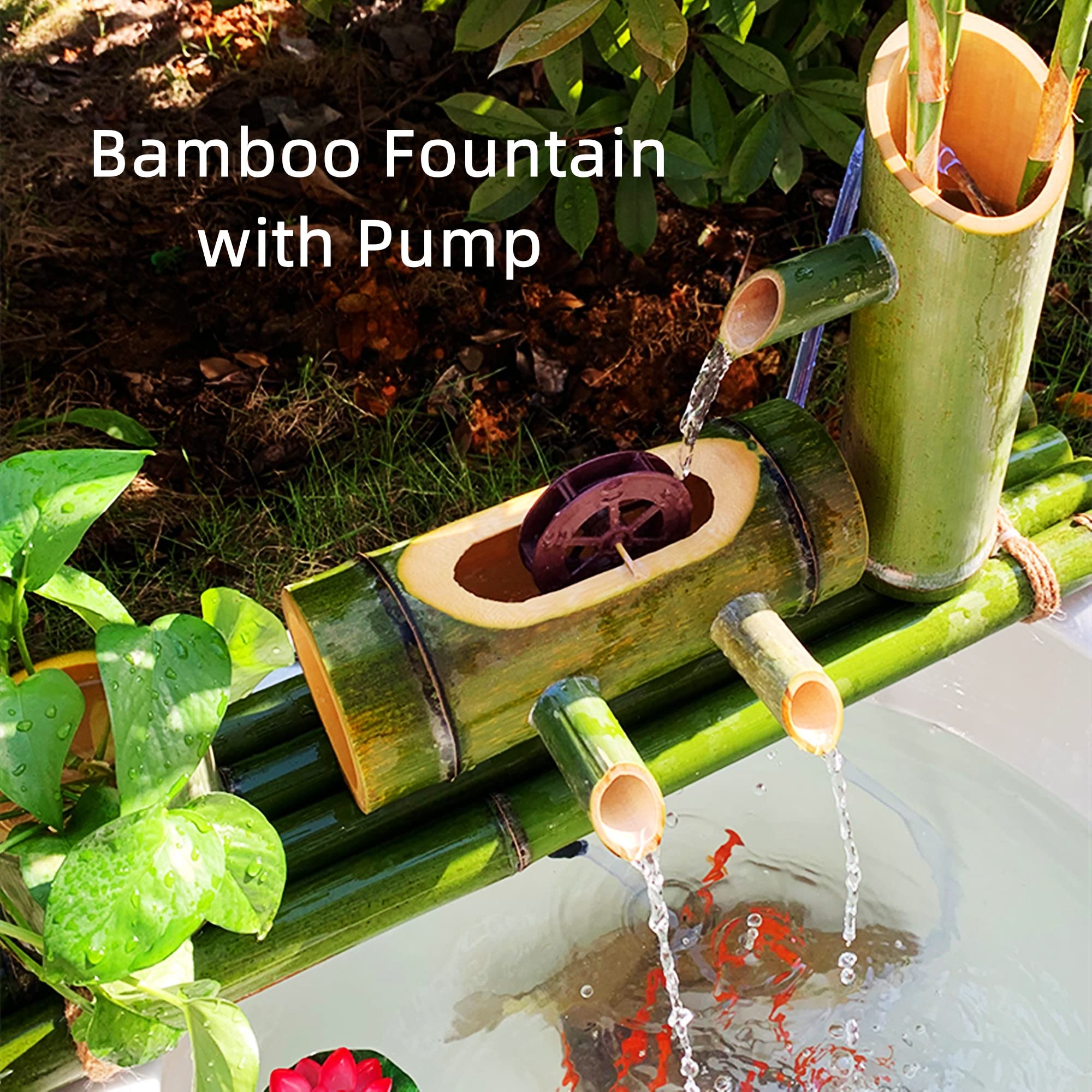 Fontana D'Acqua In Bambù, Fontana Con Mulino A Vento Rotante Per Decorazione Da Giardino, Sistema Di Circolazione Dell'Acqua A Flusso Multidirezionale, Per Laghetto, Roccia, Vasca In Pietra, 90 Cm, 3