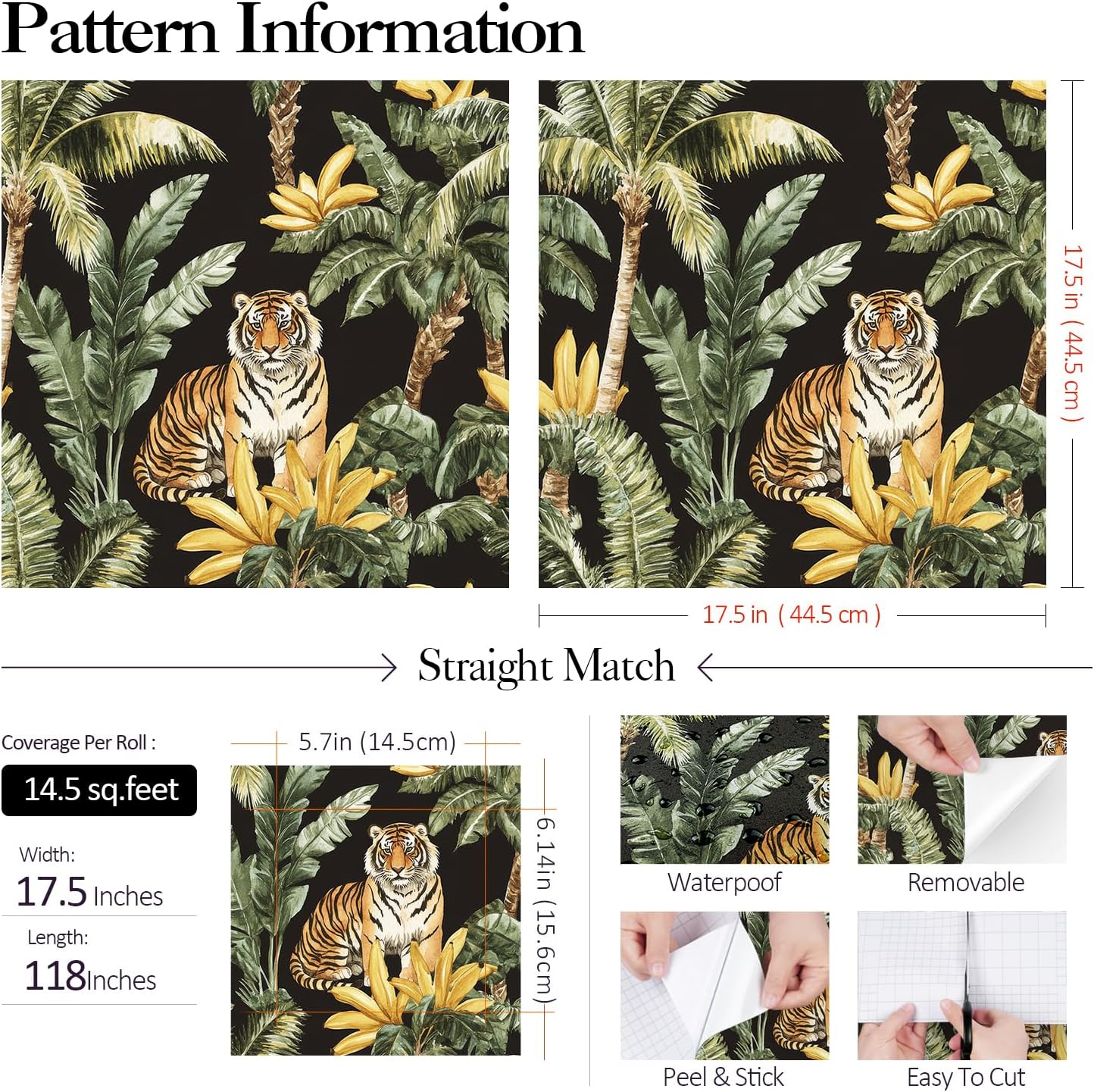 FunStick Dark Green Jungle Wallpaper Peel and Stick Removable Yellow Banana Palm Tree Leaf Tiger Black Tropical Wallpaper Self Adhesive Jungle Contact Paper for Bedroom Accent Wall Cabinets 17.5"x118"