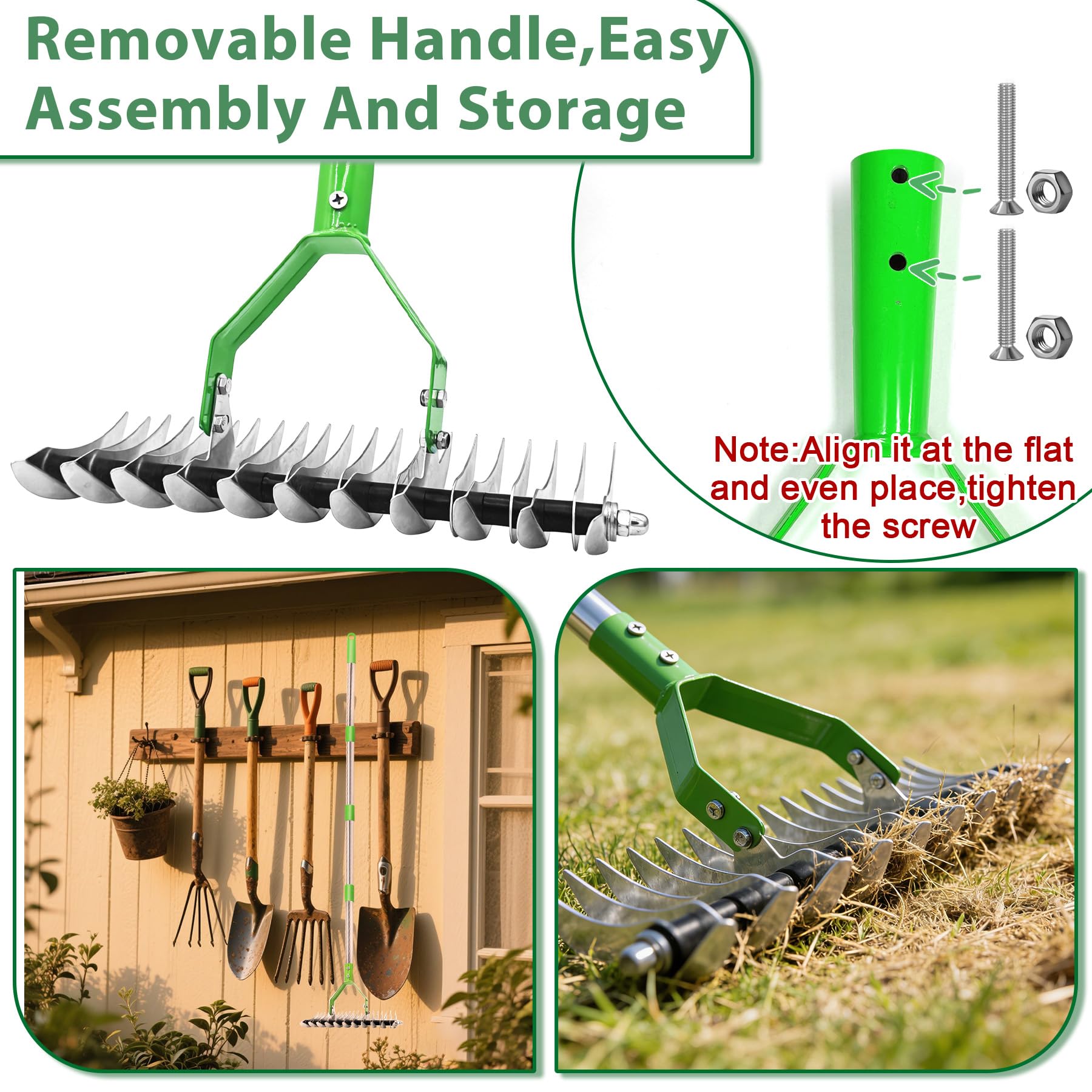 TZEKING 163cm Rastrello Sarchiatore con Manico Rimovibile,Cultivatore a Mano da Giardino a Manico Lungo Regolabile,Rastrello per Prato,Aeratore Doppio per Pulire l'Erba Morta