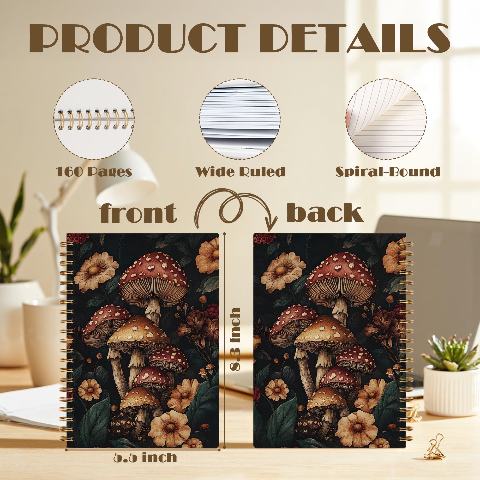 Carnet à spirale vintage avec motif floral champignon foncé et fleurs sauvages, cadeau pour les amateurs de champignons, 14 x 21 cm