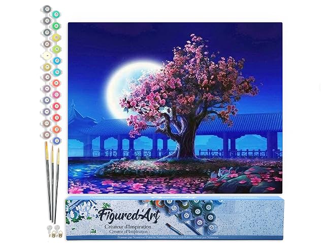 Figured'Art Pintar por Numeros Adultos Flor De Durazno - Manualidades pintura acrilica Kit Cuadro DIY completo