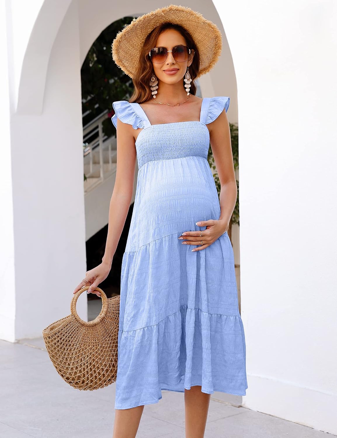 KOJOOIN Womens Maternity Dress Summer Sleeveless Smocked Square Neck Ruffle Casual Boho Midi Dress Baby Shower Photoshoot