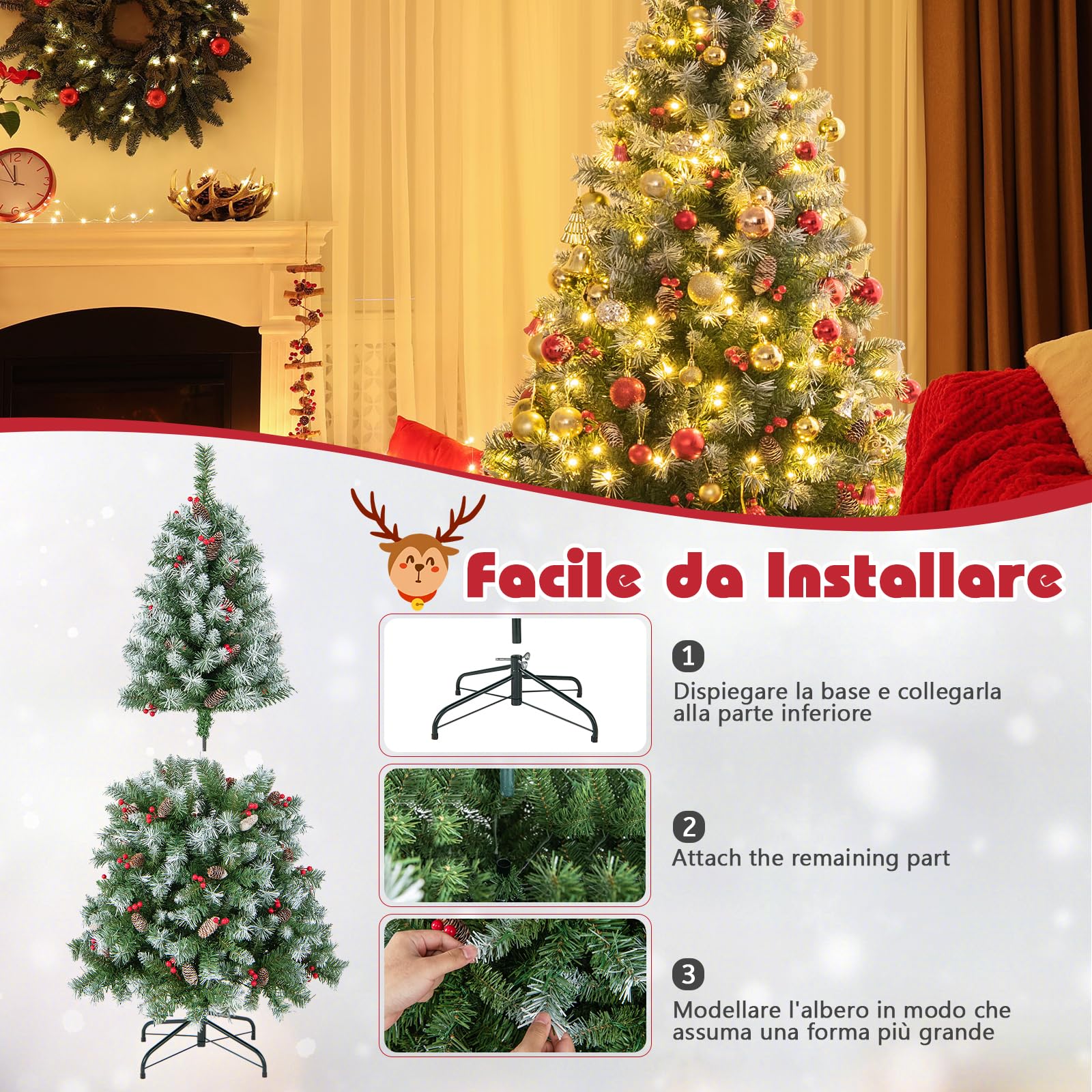 RELAX4LIFE Albero di Natale 150/200CM, Albero di Natale Verde Innevato con 200/420 Luci, 42/69 Pigne e 126/207 Bacche Rosse, Rami Rorte, per Casa e Negozio (200cm)