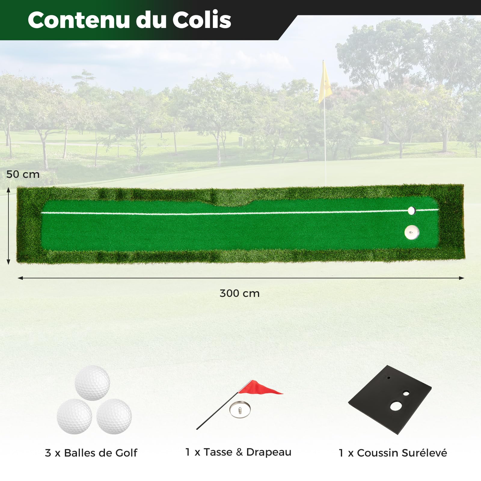COSTWAY Tapis de Putting Entraînement Golf de 300 cm, Golf Putting Gazon Artificiel avec 3 Balles de Golf et 2 Tailles de Trou pour Fête, Tapis d'Entraînement pour Intérieur/Extérieur