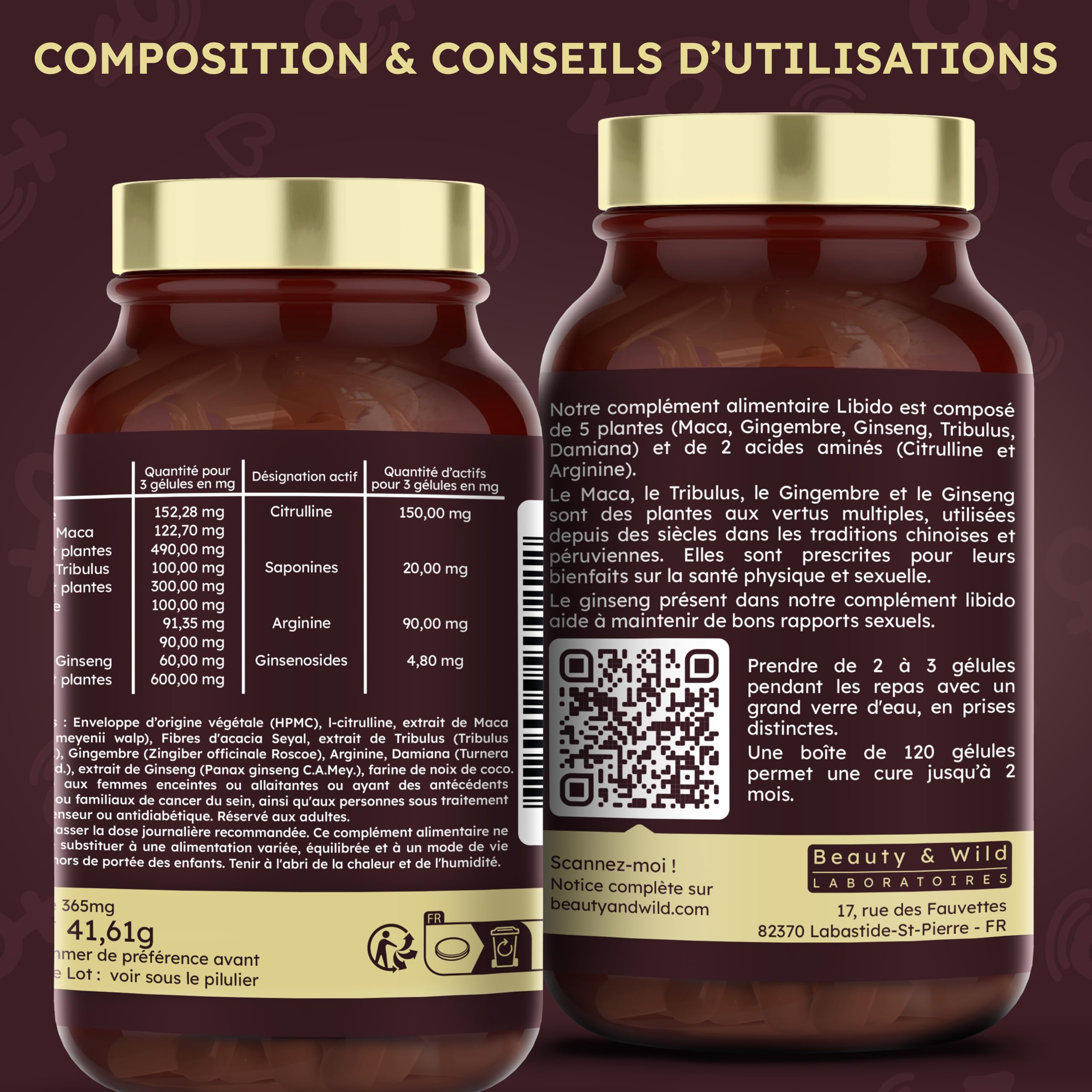 Libido - Complément Alimentaire Maca, Gingembre, Ginseng, Tribulus, Citruline, Arginine - Améliore la Libido, Performance, Énergie, Musculation, Stimule la testostérone, 120 gélules, Beauty&Wild