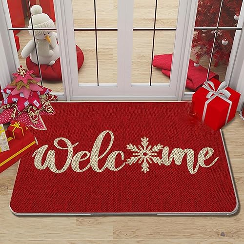 Miniatura 5 de GAGEC Tapete de Navidad para exteriores, tapete rojo de bienvenida con copos de nieve, tapete de entrada para puerta de invierno, decoración de casa