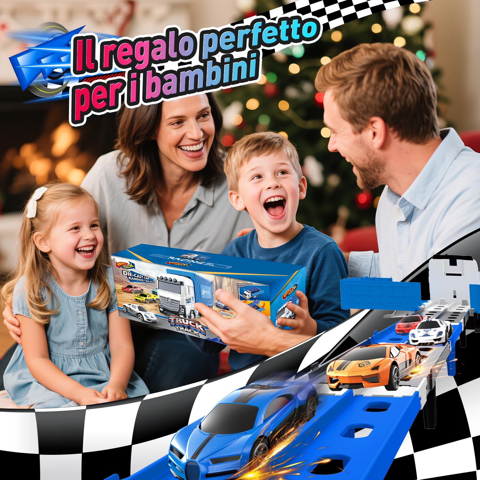 iKidiki Macchinine per Bambini, Giochi Bambini 2 3 4 5 6 Anni Camion Giocattolo per Bambino Regalo Bambino 2 3 4 5 6 Anni, Traccia Car con 8 Auto da Corsa in Lega