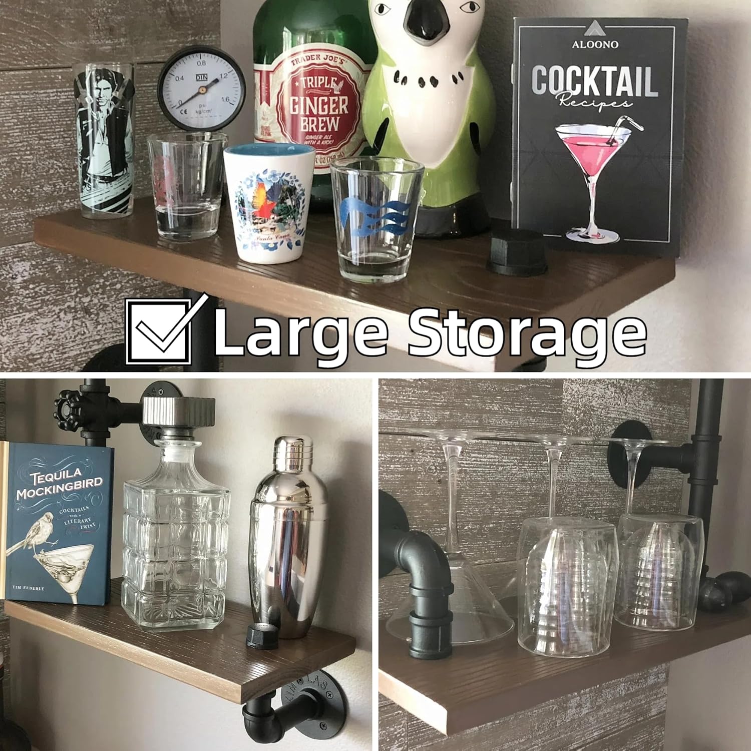 Industrial Rustic Modern Wood Ladder Pipe Wall Mounted Floating Shelves - Set of 3 Bookshelf,DIY Storage Shelving,Hung Bracket,Bookcase (Set of 3 Ladder Shelves) - Image 4