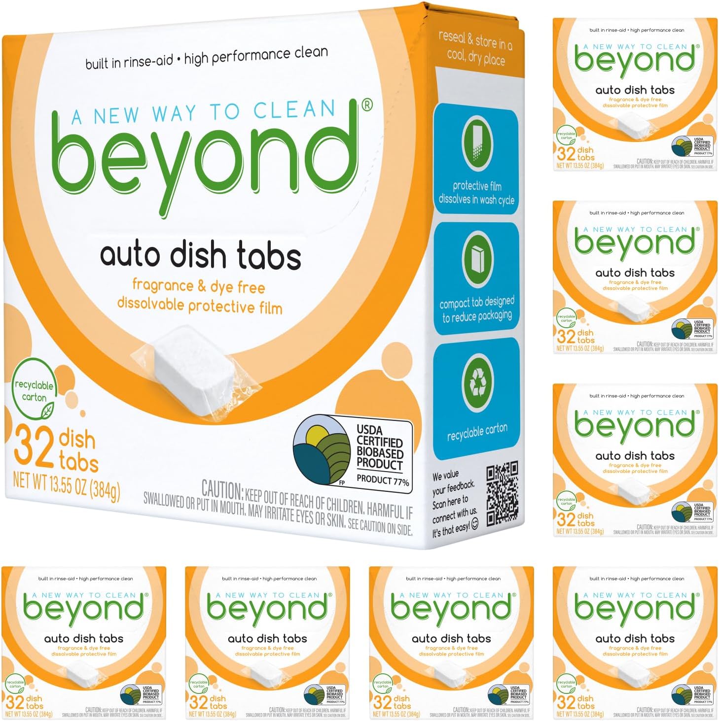 Natural Dishwasher Tablets [8 Boxs of 32] - Fragrance & Dye Free - Certified Biobased. Powerful. Plant-Based Ingredients