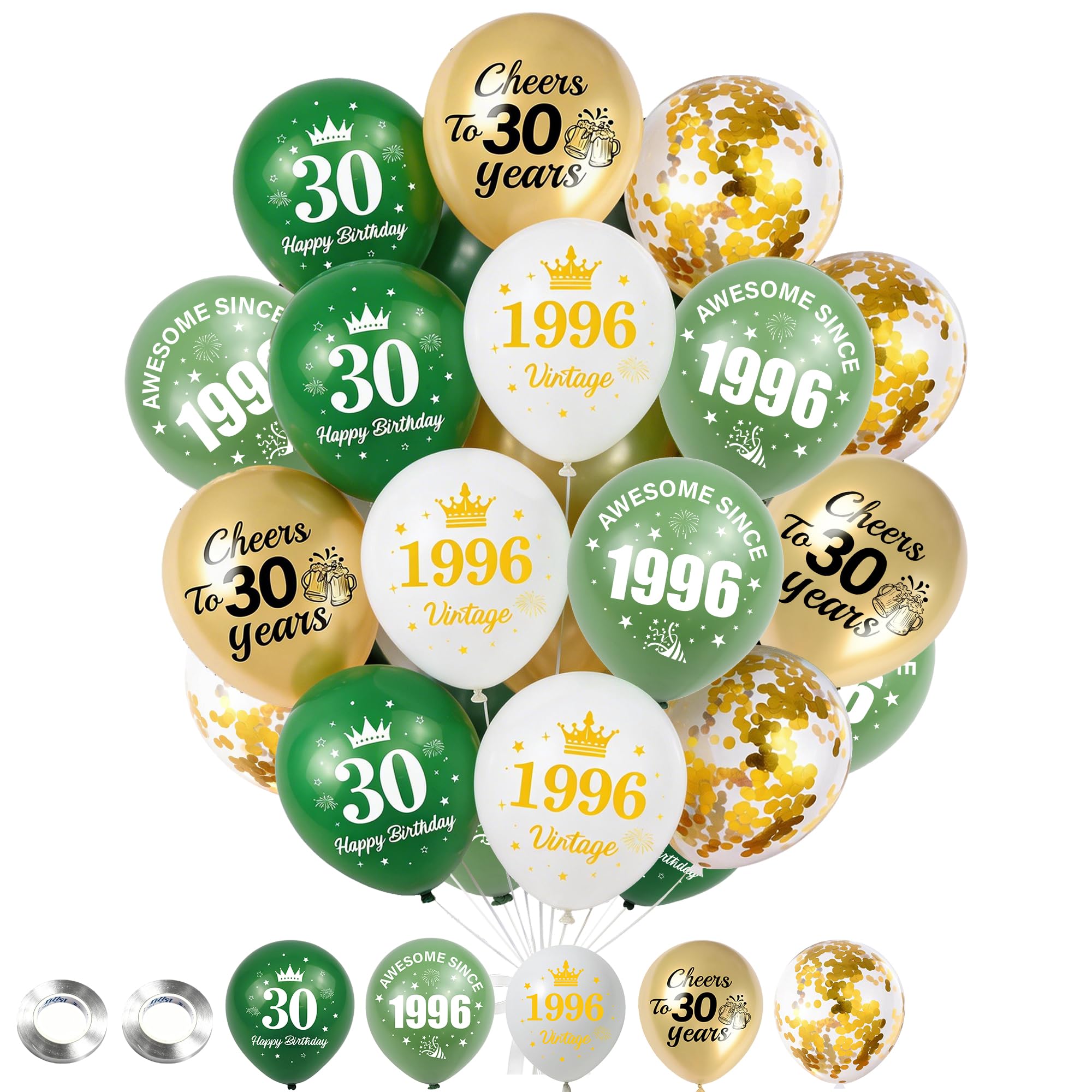 30th Birthday Decorations Balloons Women - 40 Pcs Green and Gold Happy Birthday Awesome since 1996 Vintage Cheers to 30 Years Sequins Balloon with Ribbon for 30 Years Old Party Celebration Decor