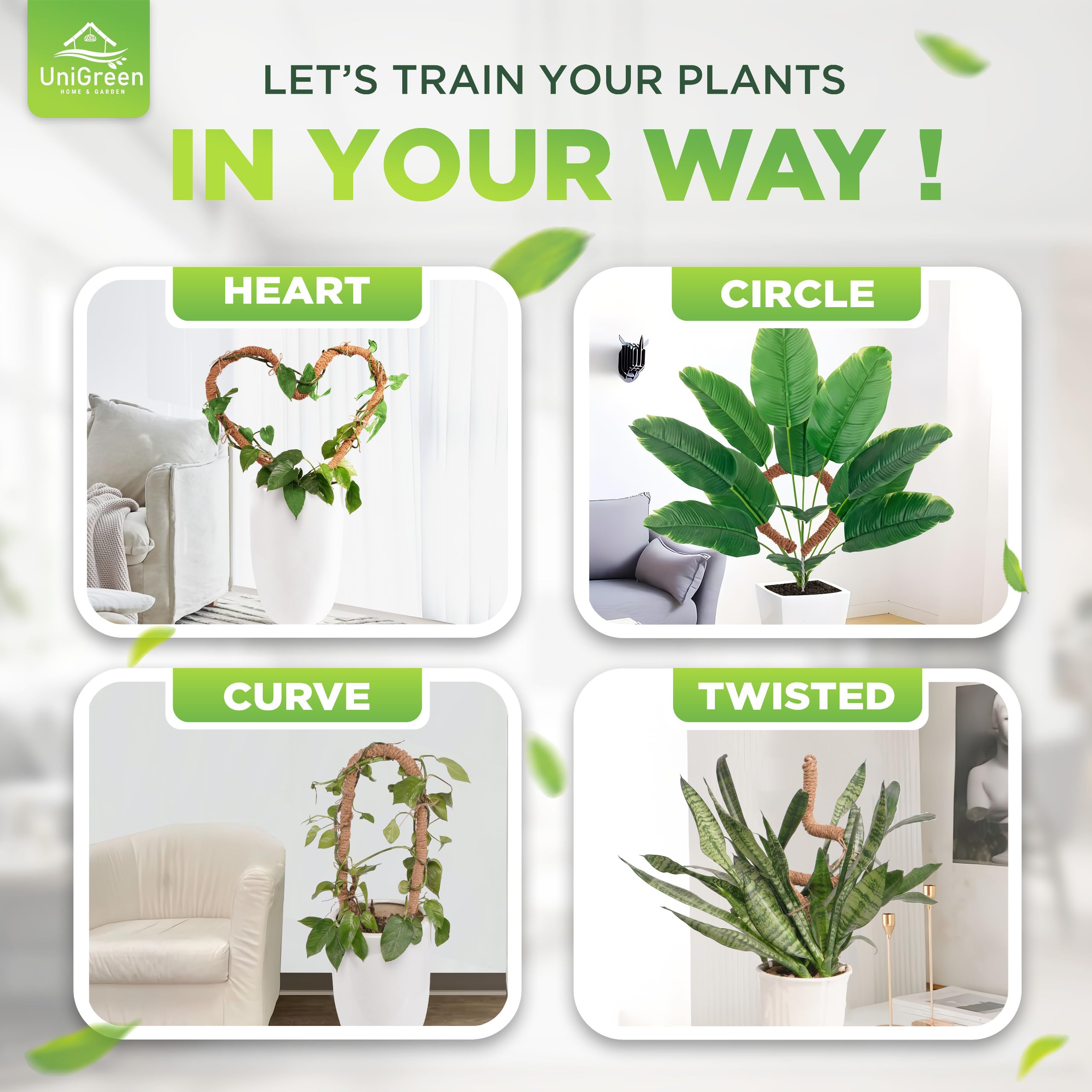UNIGREEN - Paquete de 2 Postes de Musgo Flexibles 47 Pulgadas, Soporte para Plantas Monstera, Poste de Musgo para Plantas trepadoras, Soporte para Plantas de Interior/Exterior en
