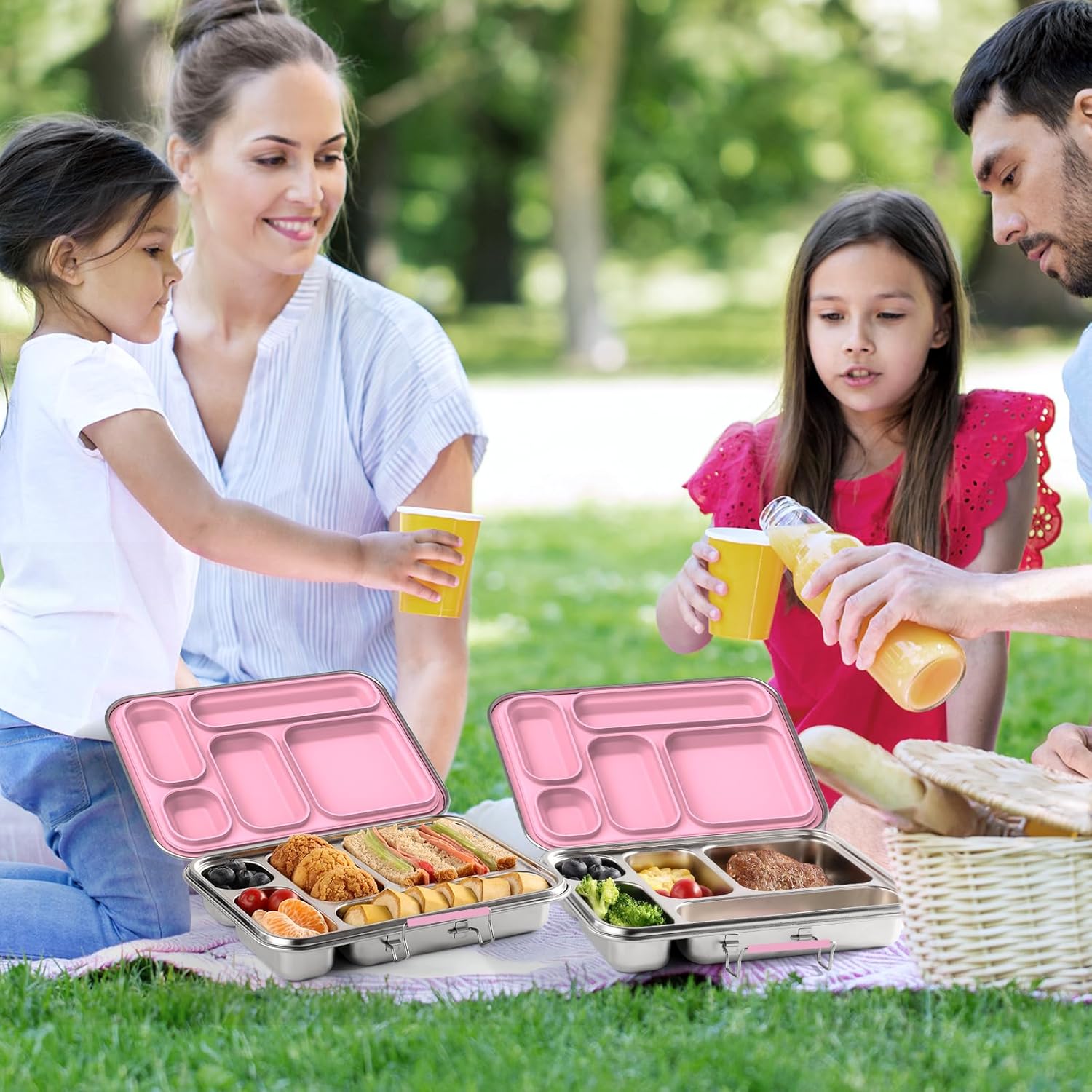 Stainless Steel Bento Box for Adults & Kids, 5-Compartment Lunch Box with 2 Sauce Containers, BPA-Free Bento Lunch Container, Dishwasher Safe, School & Work Meal Prep Lunch Container (Pink)