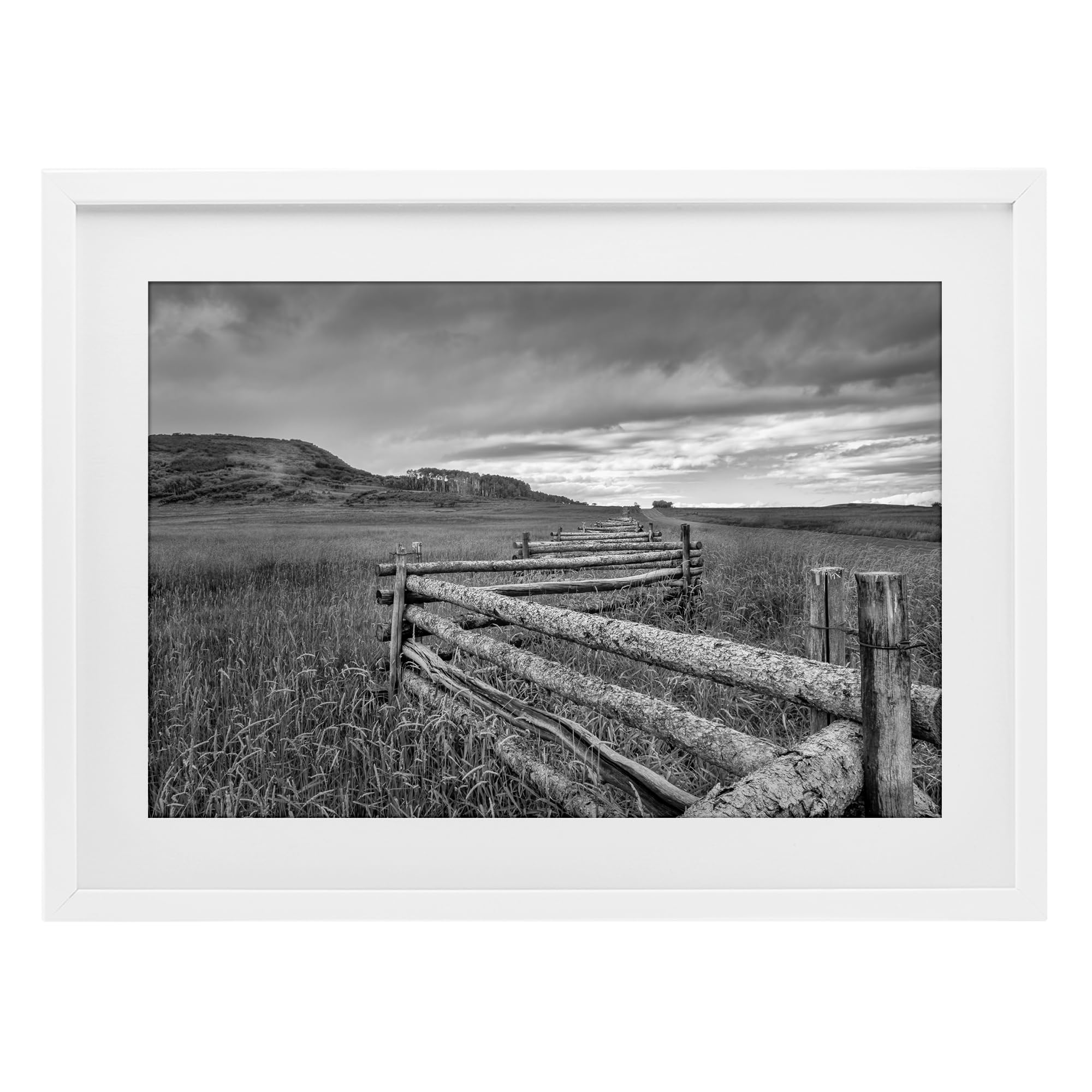 Stupell Industries Weathered Fence and Distant Horizon, Greyscale Rural Landscape Decor for Living Room, 17 x 23 Inch Framed Matted Print Under Glass, by Jon Evan, Made in USA Gift