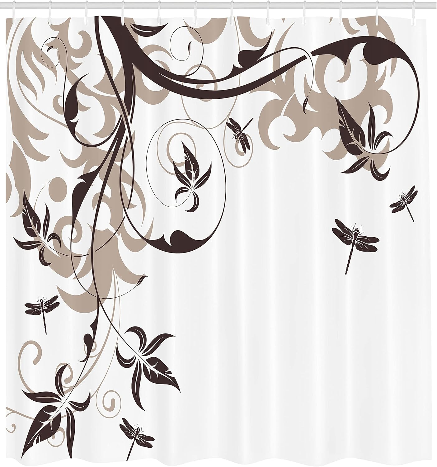 Ambesonne Dragonfly Shower Curtain, Swirled Floral Background Damask Curl Branches and Leaves Print, Cloth Fabric Bathroom Decor Set with Hooks, 69" W x 70" L, Warm Taupe