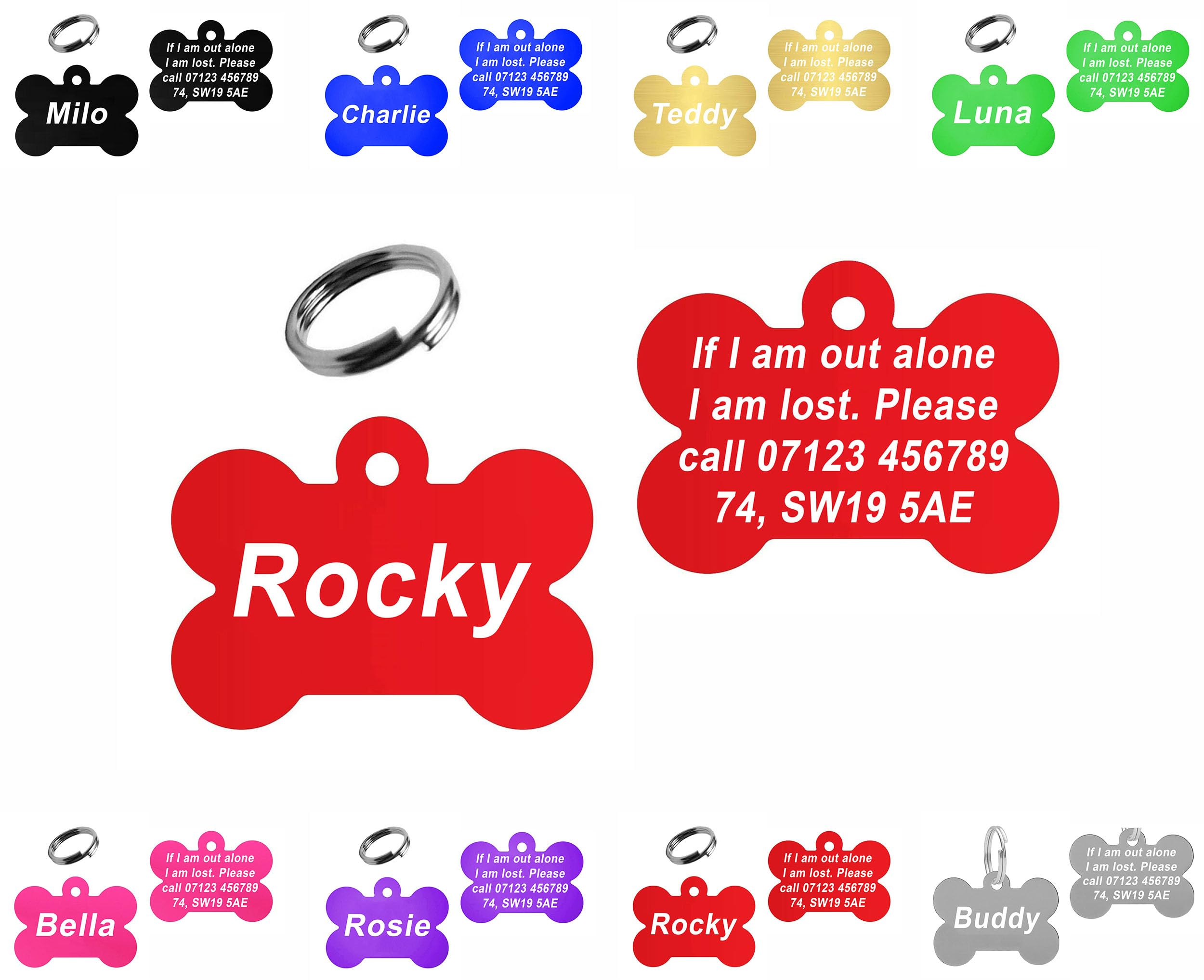 Personalised Engraved Dog Tag | 38mm Wide Bone Shape | ID Tag for Pets | Vibrant Colours (Red)