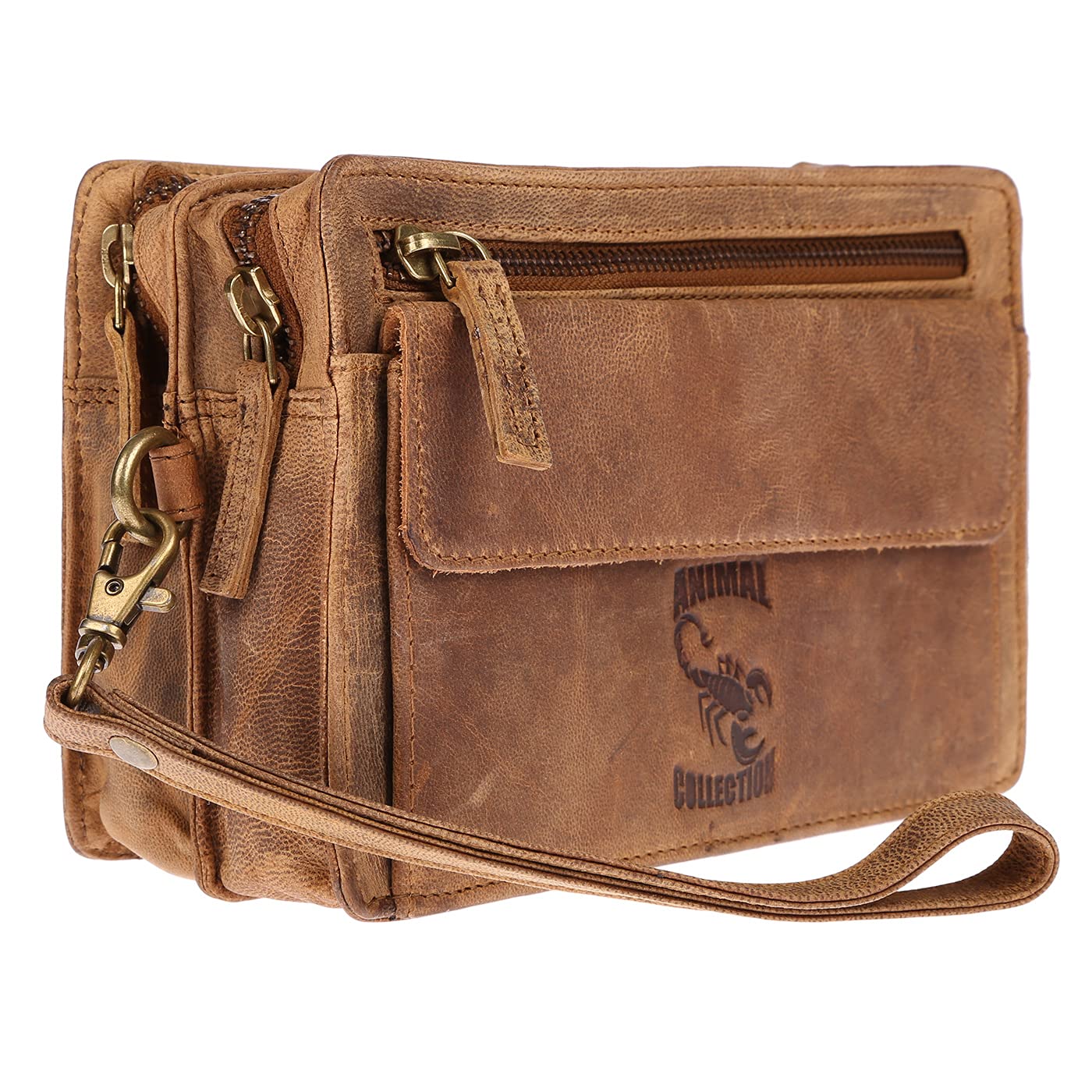 Christian Wippermann Herren echt Leder Handgelenktasche Herrenhandtasche Dokumententasche Tasche Doppelkammer (Tan)