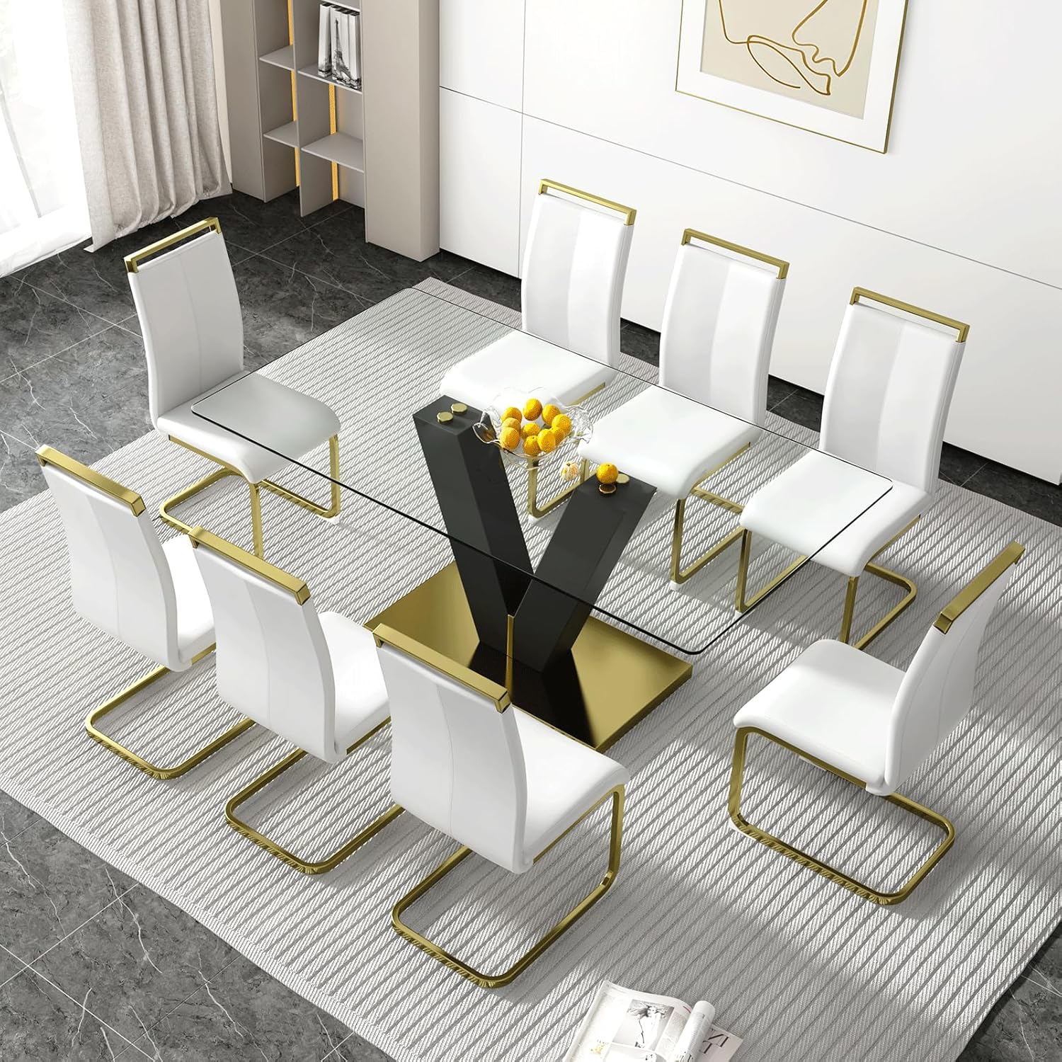 gopop Modern Dining Table Set for 8,Gold Glass Dining