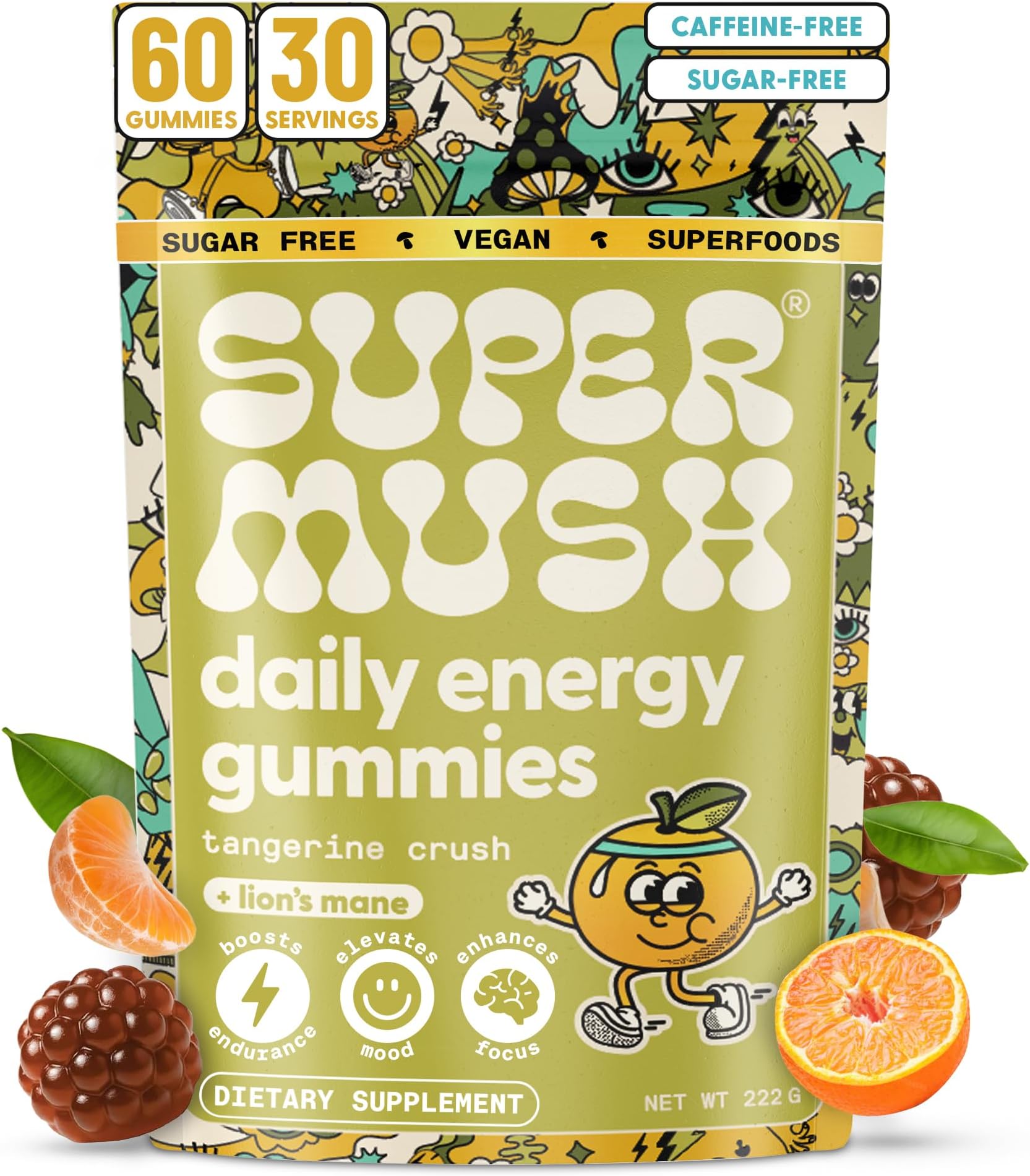 SuperMush Energy Mushroom Gummies - Organic Lions Mane Supplement with Cordyceps, Rhodiola, L-Theanine, Maca - Vegan & Sugar-Free - Energy, Focus, Stamina, Stress Reduction - 60 Gummies (30 Servings)