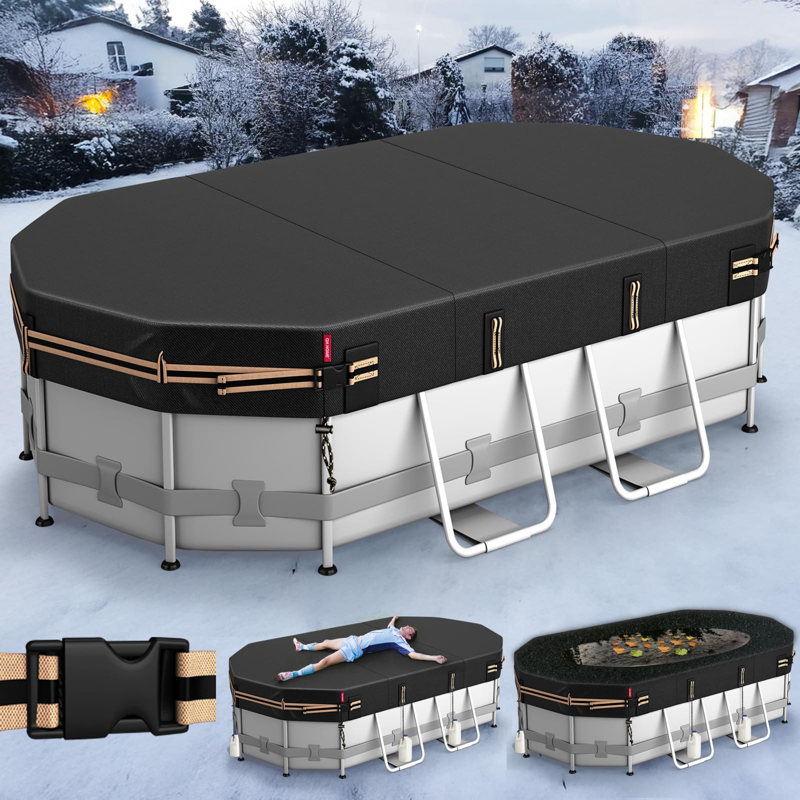 qh.home 9x18 ft oval pool cover for bestway/intex/coleman frame oval pool, [excellent windproof ] with adjustable buckle straps & drawstring hem. [durable, tear resistant]