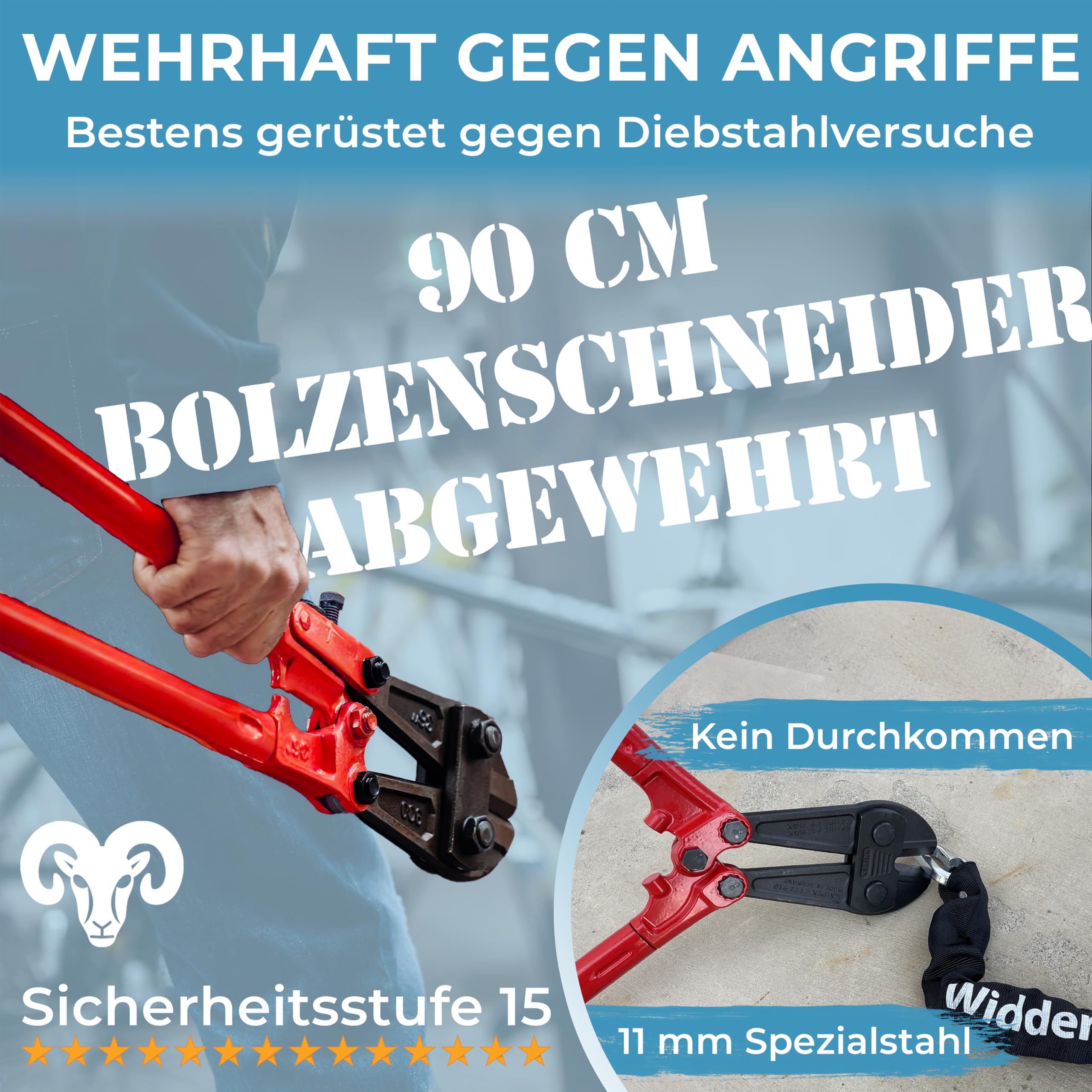 Widder Titan-Stahl [Level 15] Kettenschloss mit 4 Schlüssel - 115cm lang & 11mm massiv - für Motorrad Moped e Roller e Bike Fahrrad e Scooter Schloss - Motorradschloss & Fahrradschloss hohe Sicherheit