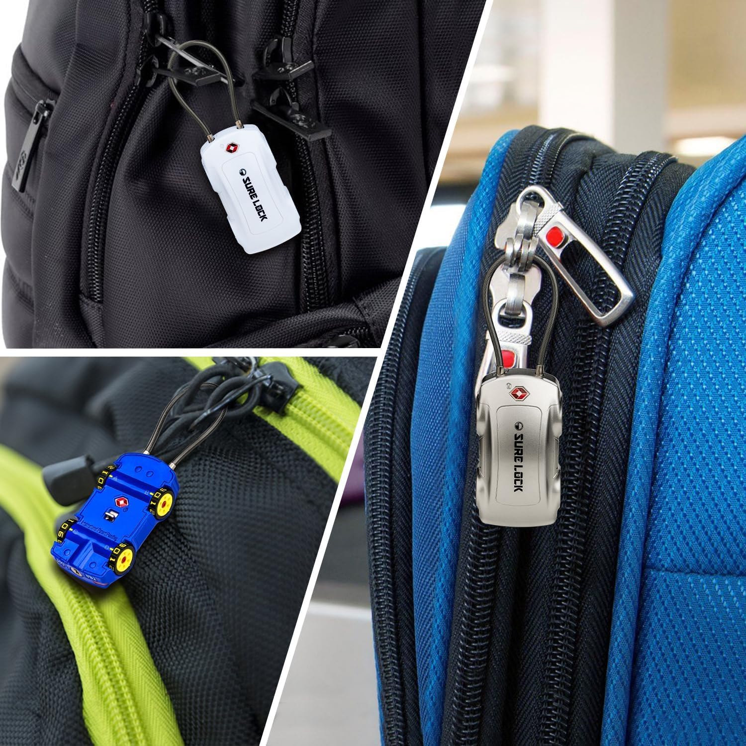 SURE LOCK Car-Shaped TSA Approved Luggage Lock – 4-Digit Resettable Cable Lock with Zinc Alloy Body, Wheel Dial Design & 70% Recycled Plastic for Suitcase, Backpack, Locker- Black