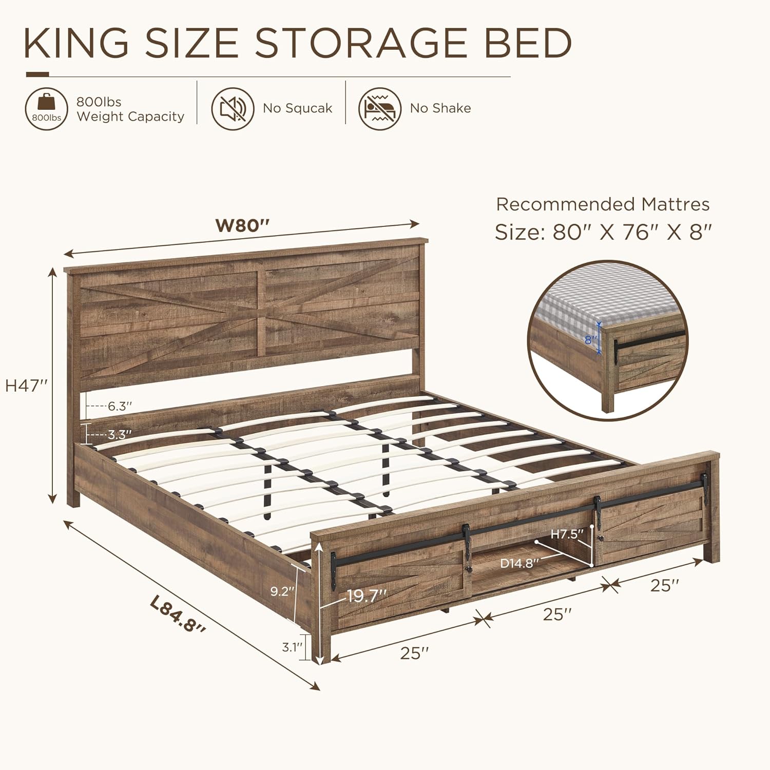 Diagram showing the dimensions and weight capacity of the King size JXQTLINGMU storage bed, including recommended mattress size.