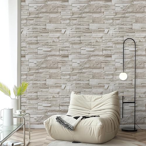 Miniatura 2 de ConCus-T Papel tapiz de ladrillos de contacto de piedra de 17.71 x 236.22 pulgadas, papel tapiz autoadhesivo de ladrillos de piedra sintética para