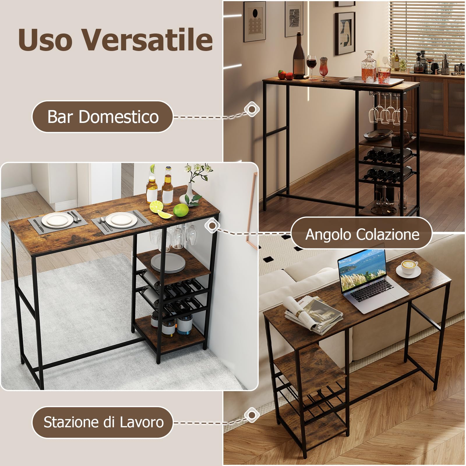 COSTWAY Tavolo da Bar 121 x 41 x 105,5 cm, Angolo Bar per Casa con Scaffali di Stoccaggio, Portabottiglie e Portacalici, Tavolo Alto per Cucina, Soggiorno, Ristorante e Bistrò