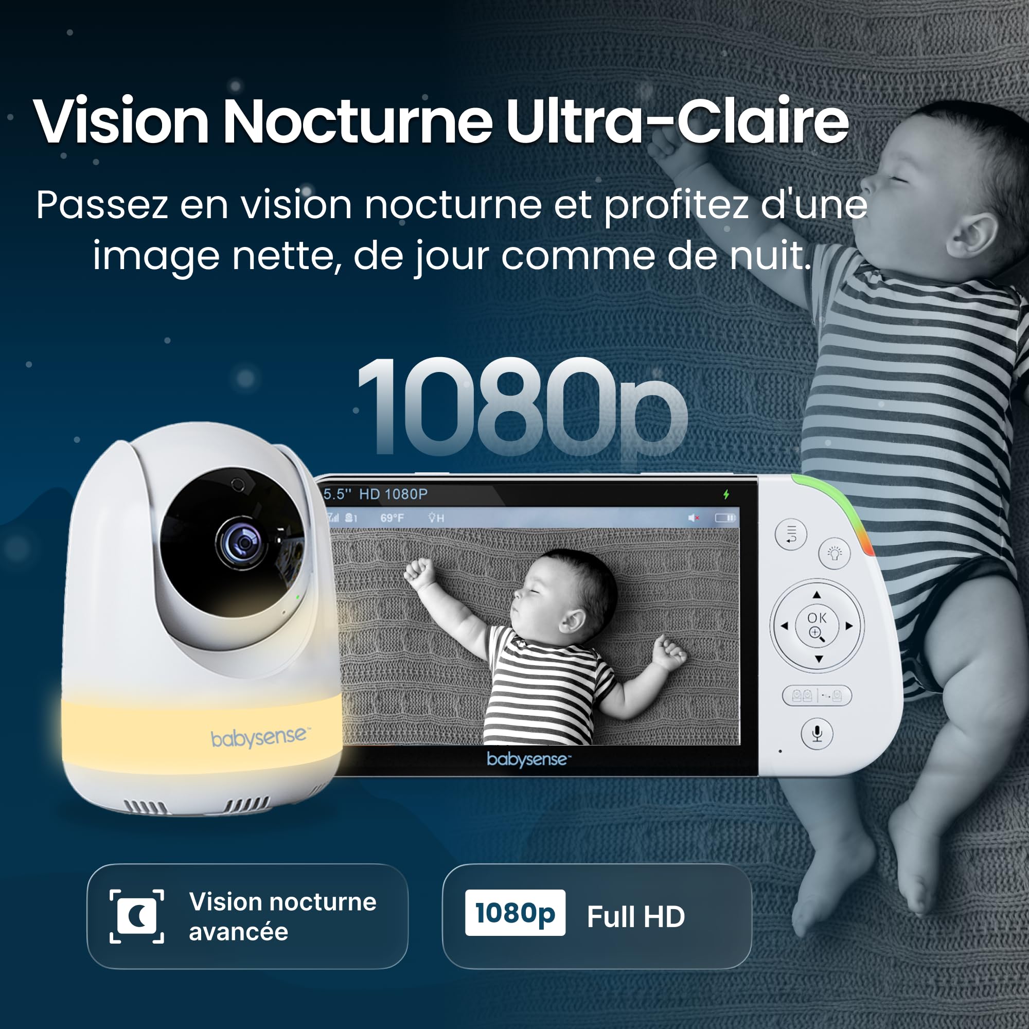 Babysense - Moniteur bébé Full HD écran partagé - Avec 2 caméras - Veilleuse en 6 couleurs - Bruit et machine à lumière - Batterie de 20 heures - Connexion sécurisée sans WiFi