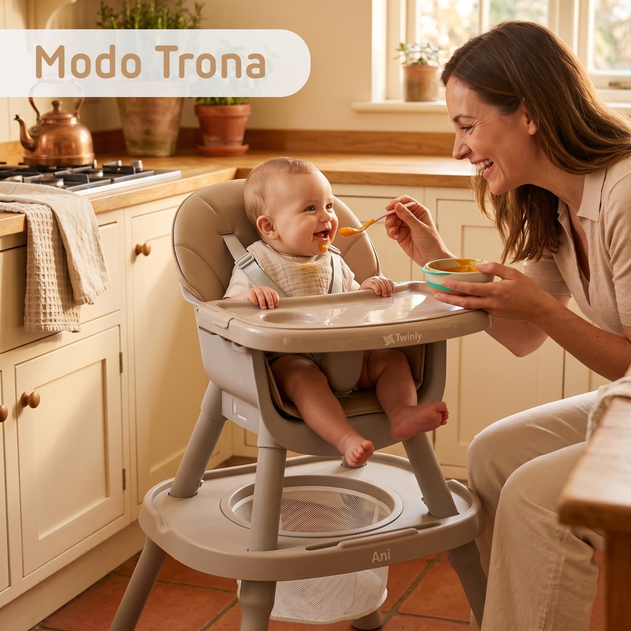Twinly Ani - Seggiolone 4 in 1, trasformabile in seggiolone per bambini, multifunzione, con vassoio e imbracatura, tavolo e sedia per bambini, fino a 15 kg, colore: marrone