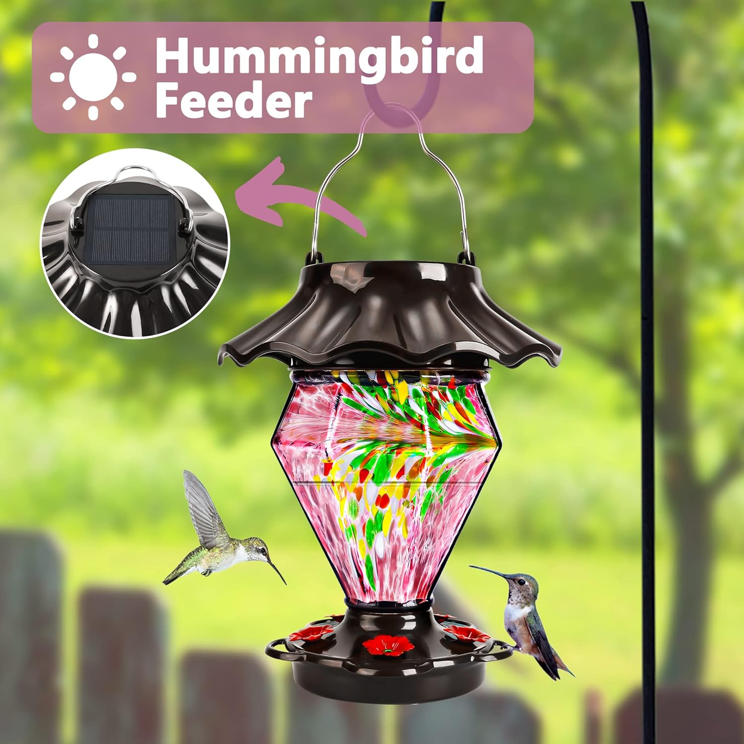 LUJII Solar Powered Color Changing Hummingbird Feeder for Outdoors Hanging, Hand Blown Glass Reservoir, 35 fl.oz, Never Leak, Illuminated Lantern for Garden Decor, for Women, Purple