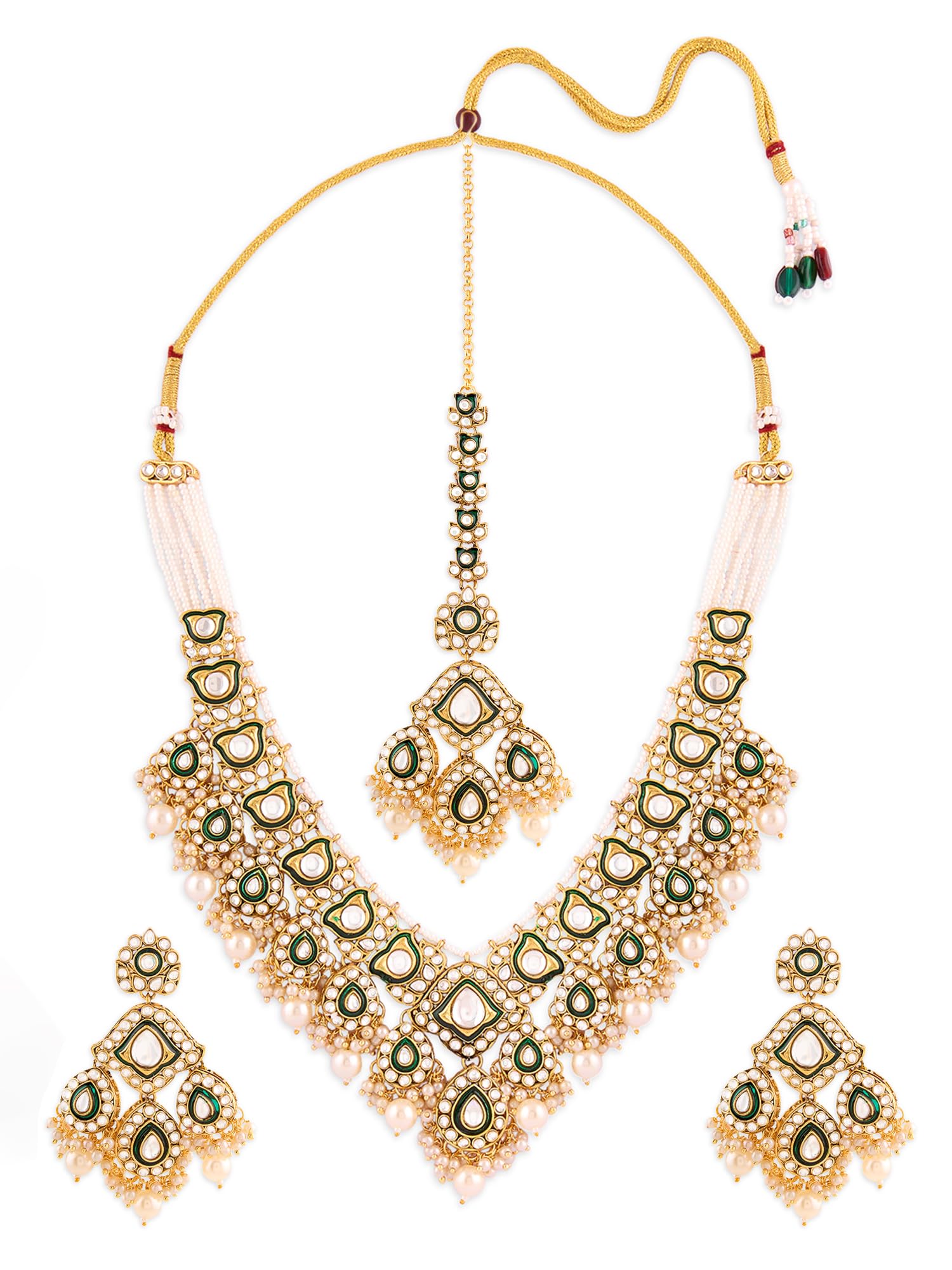 Green Meenakari Kundan Bridal Choker Necklace Earring & Maangtikka Set For Women-ZPFK19020