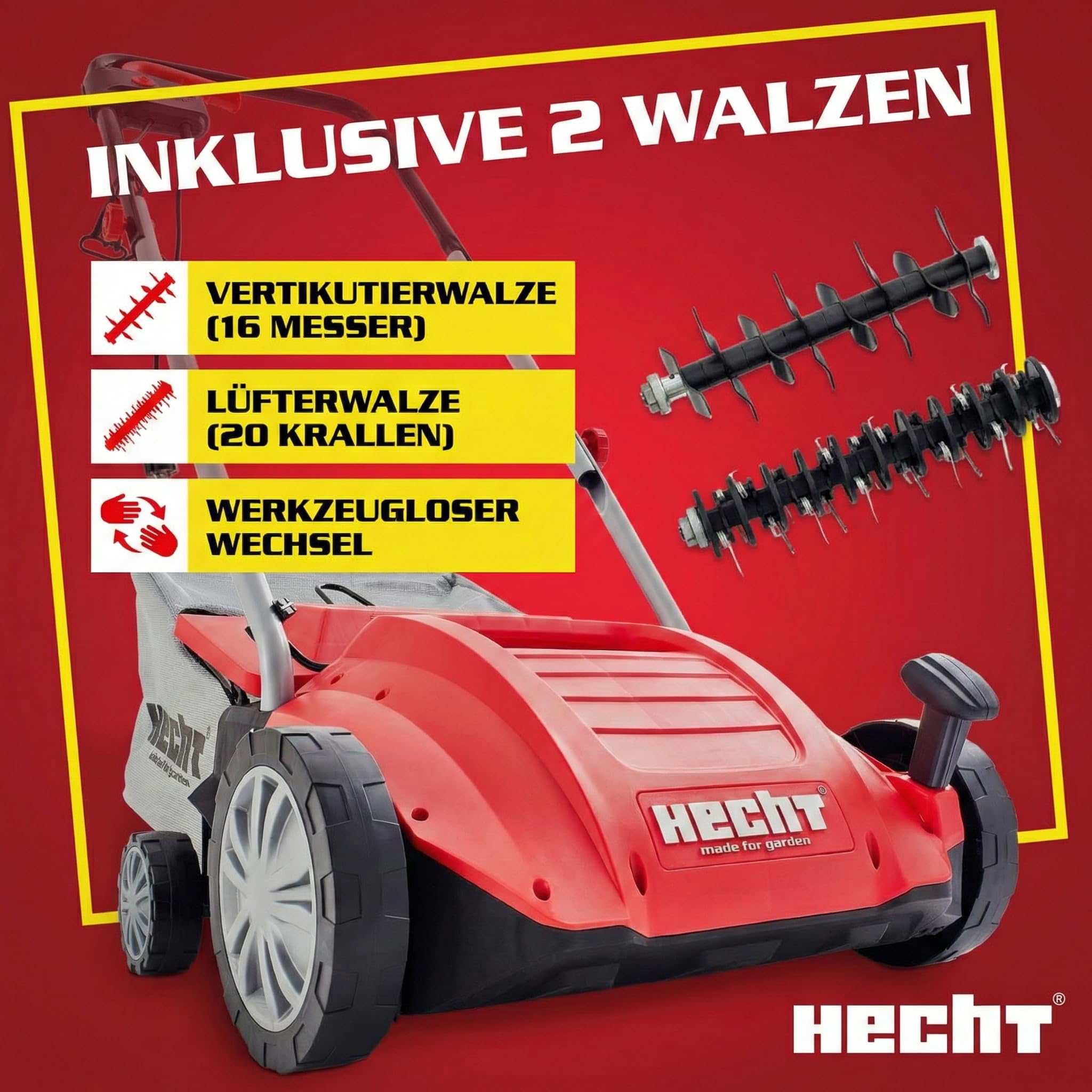 HECHT brandneuer 2 in 1 elektro Vertikutierer - Vertikutierer Elektro für einen schönen grünen saftigen Rasen – Starke 1500 Watt mit Lüfter- und Messerwalze - großzügiger 35l Auffangsack – elektrisch